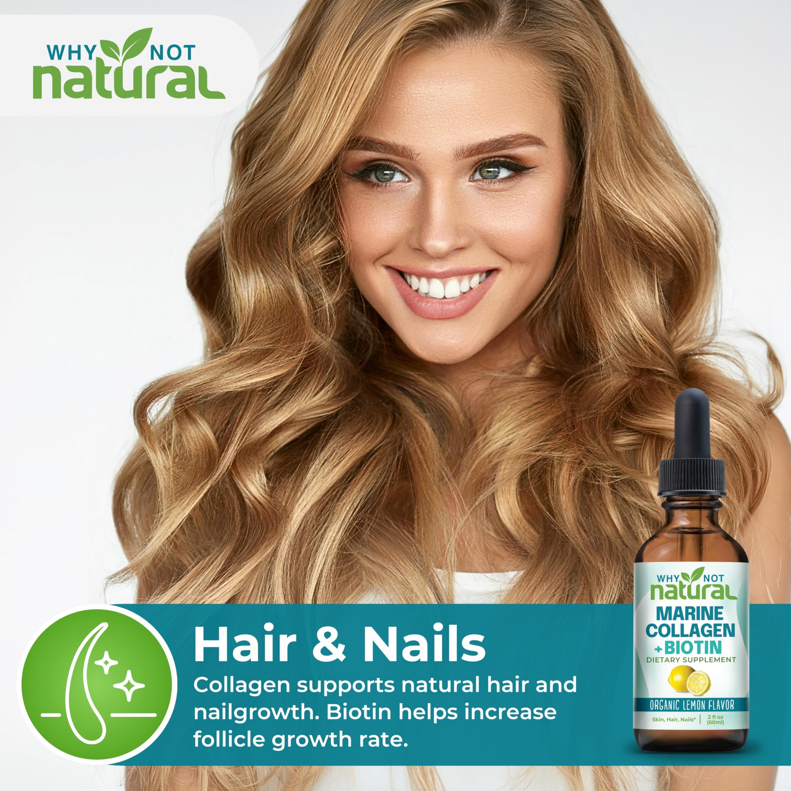 Why Not Natural etiqueta cercana con información de colágeno y biotina