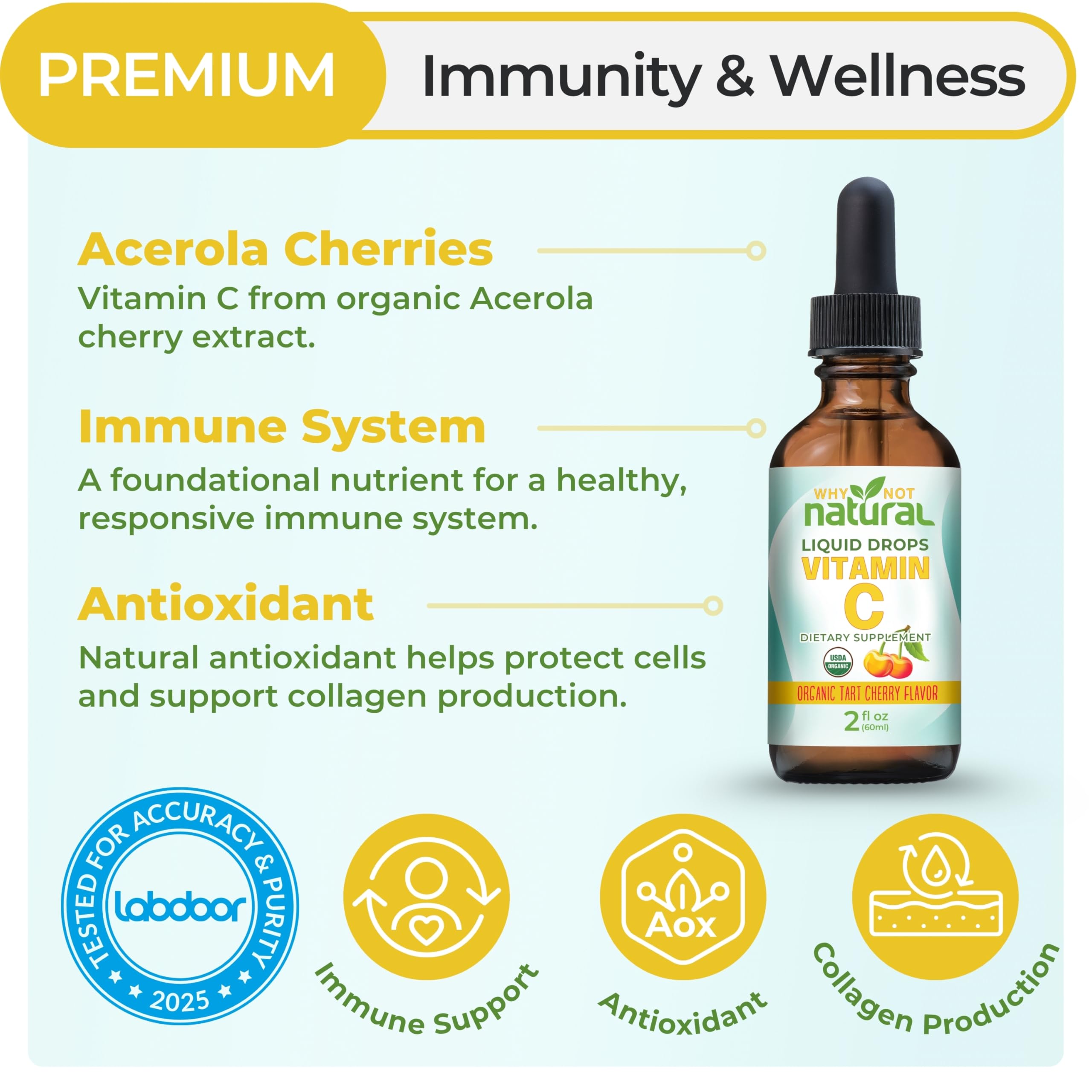 Why Not Natural etiqueta con ingredientes y certificación cGMP para confianza
