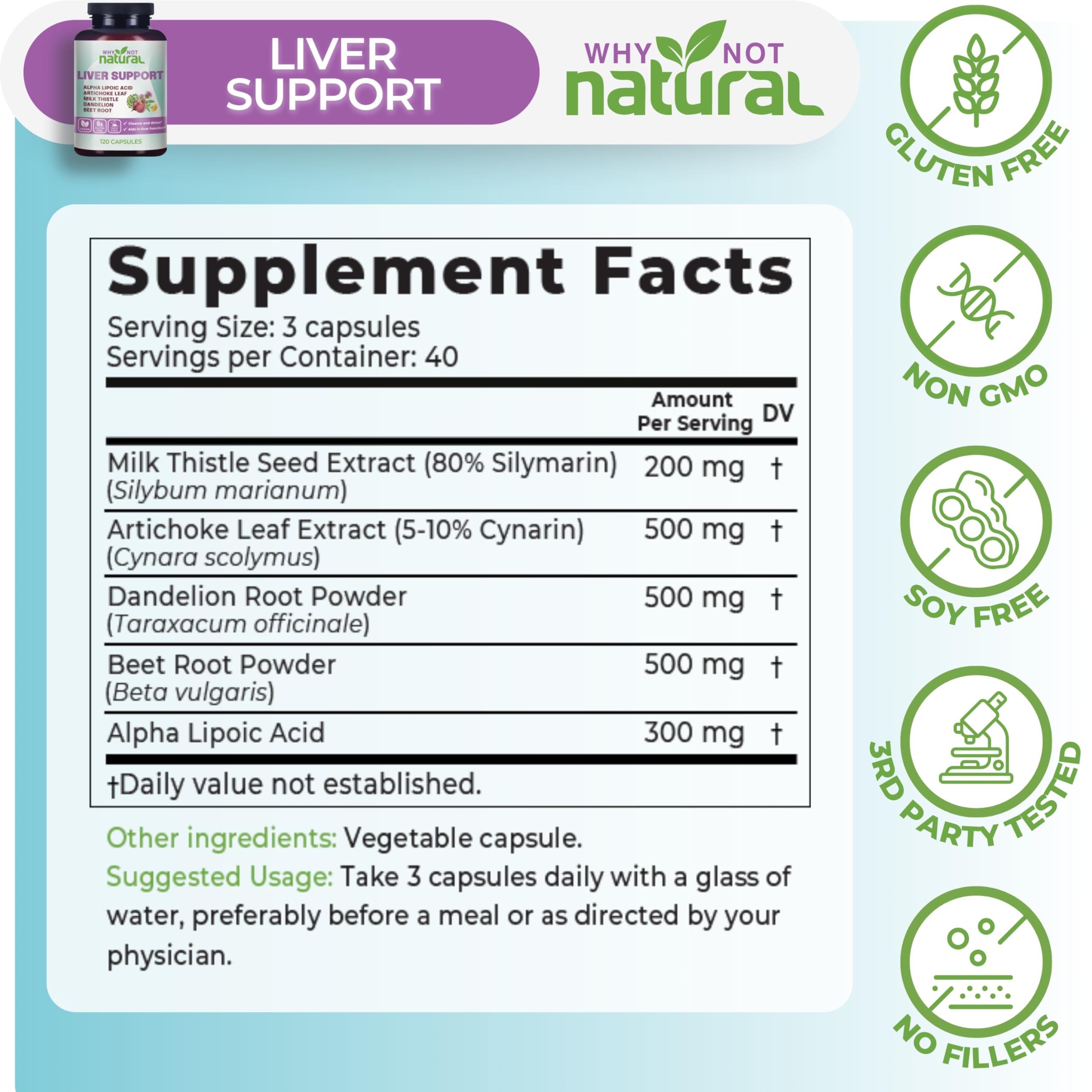 Why Not Natural detalle de etiqueta con listado de ingredientes y transparencia de dosis