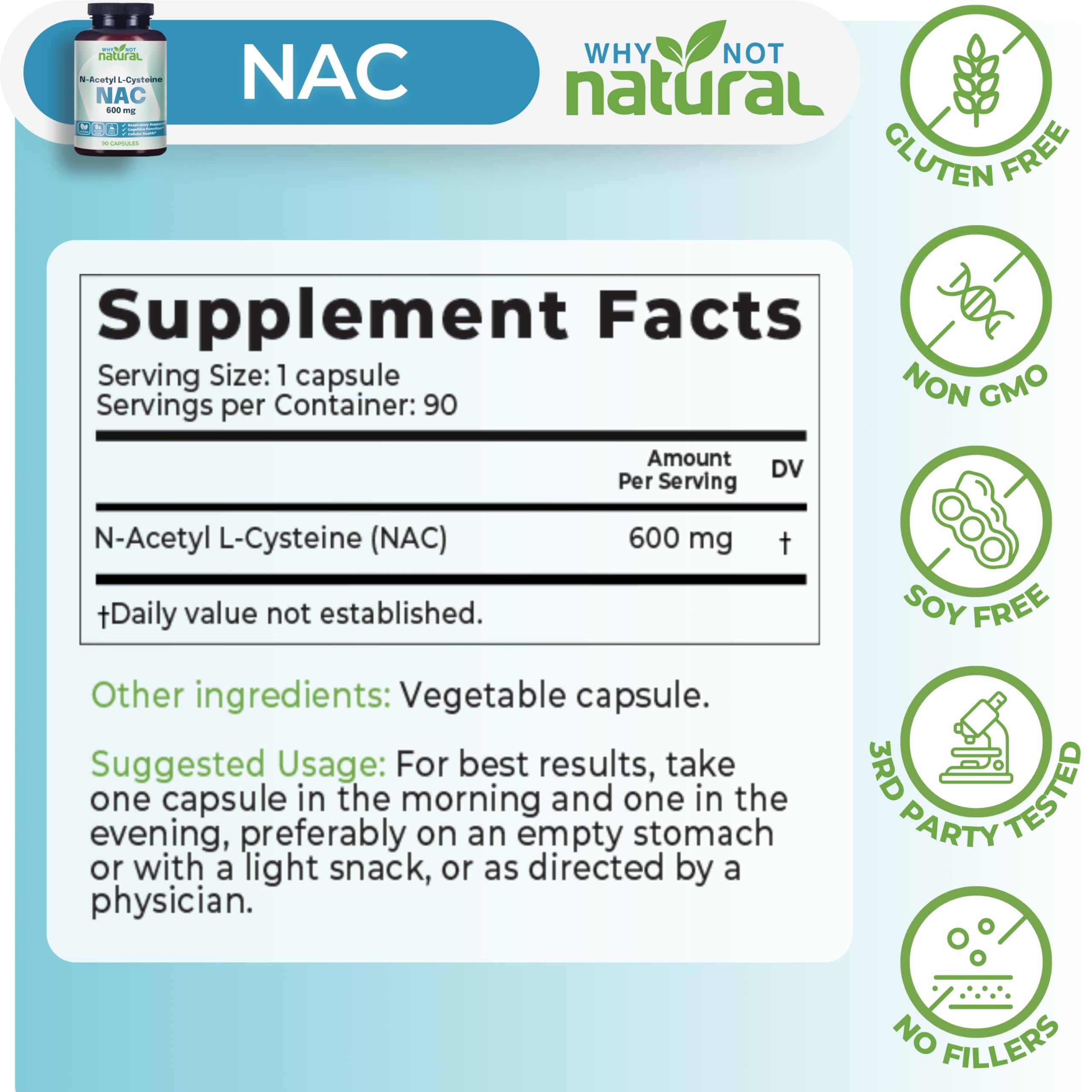 Why Not Natural etiqueta con información de 600 mg y pruebas de terceros