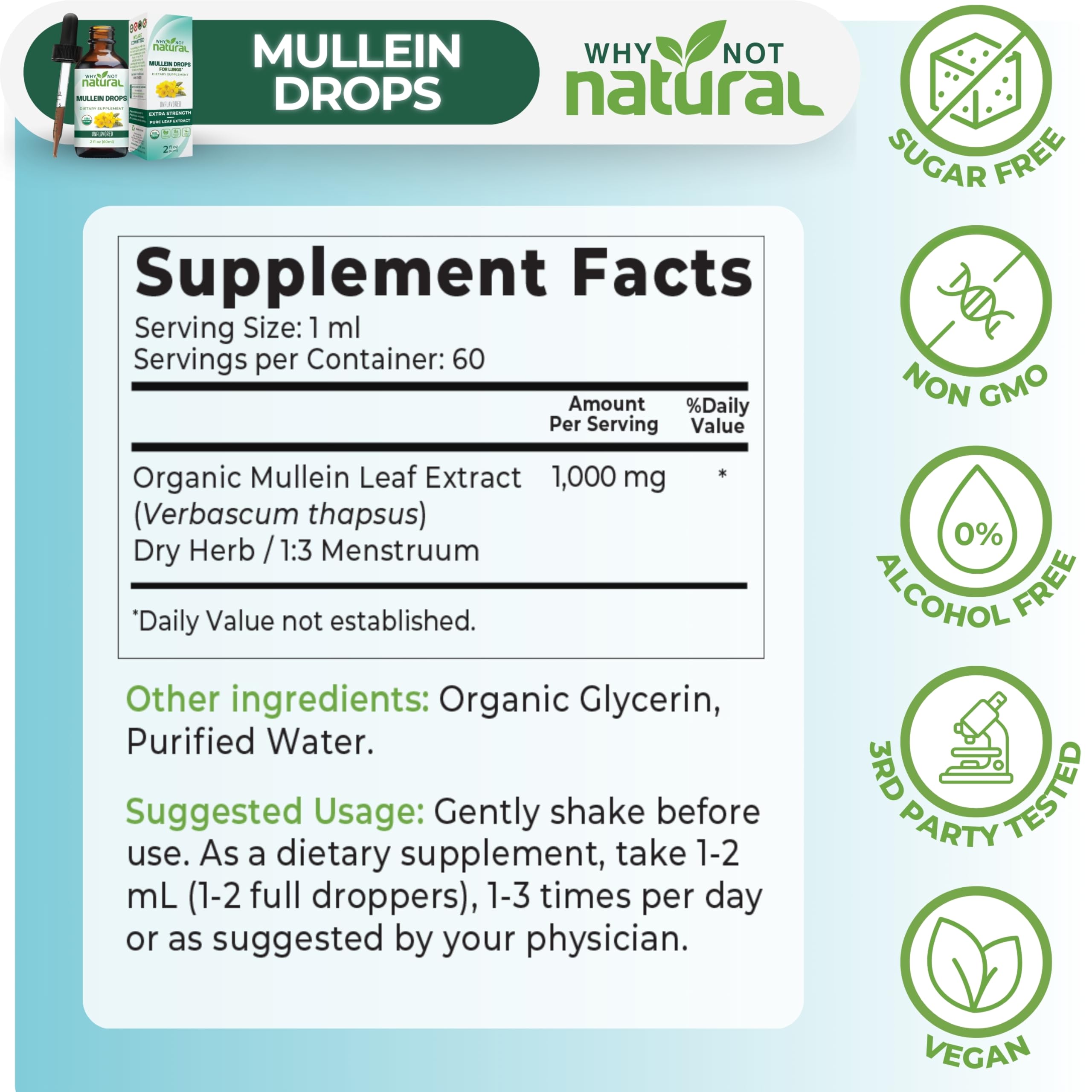 Why Not Natural etiqueta legible con ingredientes orgánicos y pruebas de laboratorio