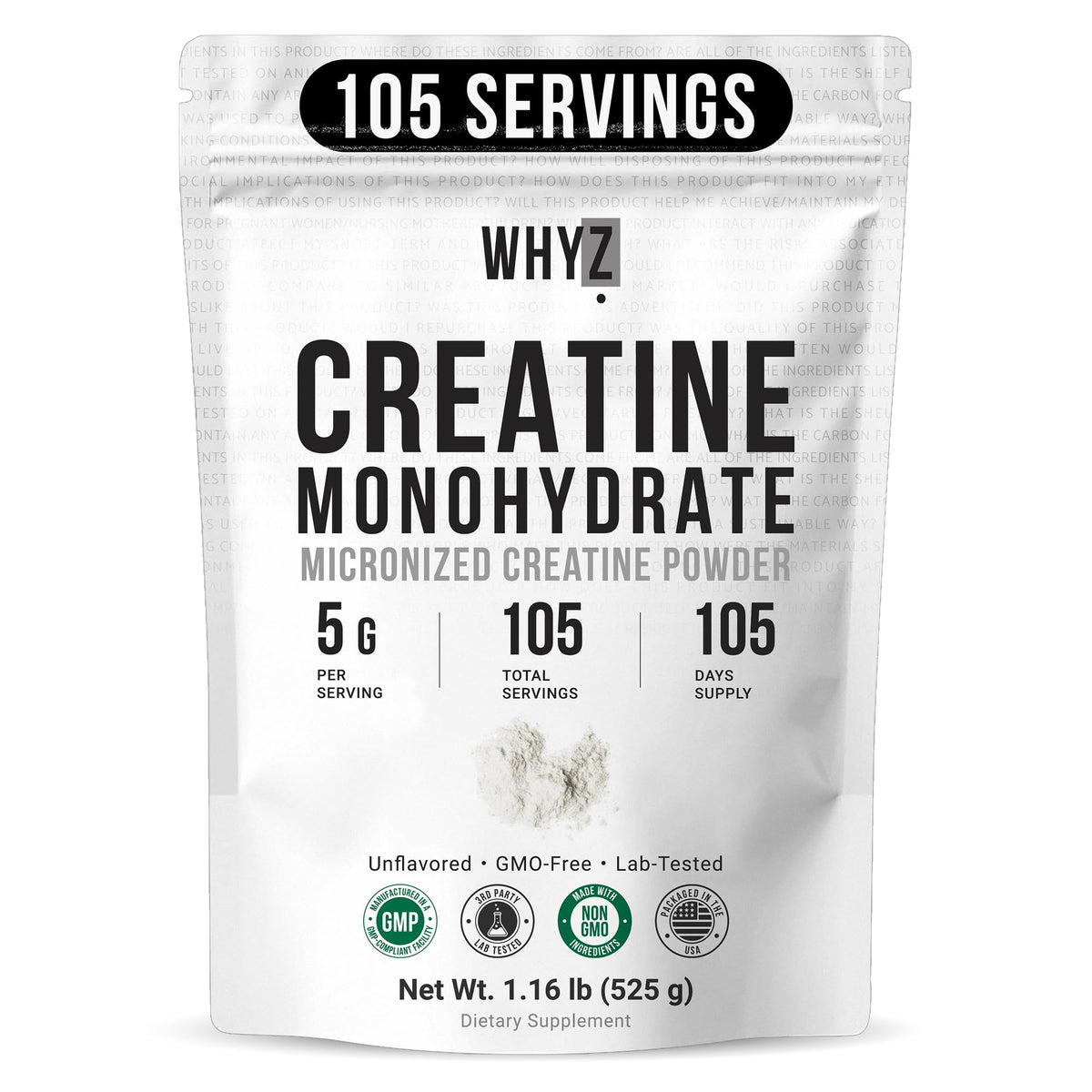 WHYZ envase frontal mostrando creatina micronizada y conveniencia