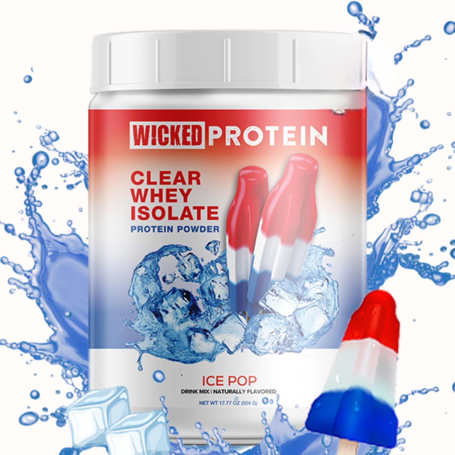 WICKED Protein envase delantero mostrando sabor ice pop y beneficios