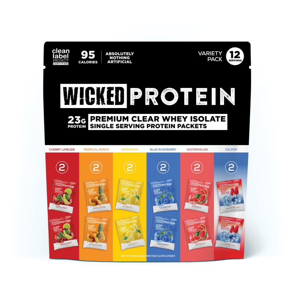 WICKED Protein frente del pack variedad mostrando 12 sobres y 6 sabores, práctico para llevar