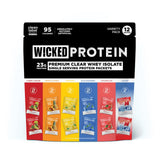 WICKED Protein frente del pack variedad mostrando 12 sobres y 6 sabores, práctico para llevar