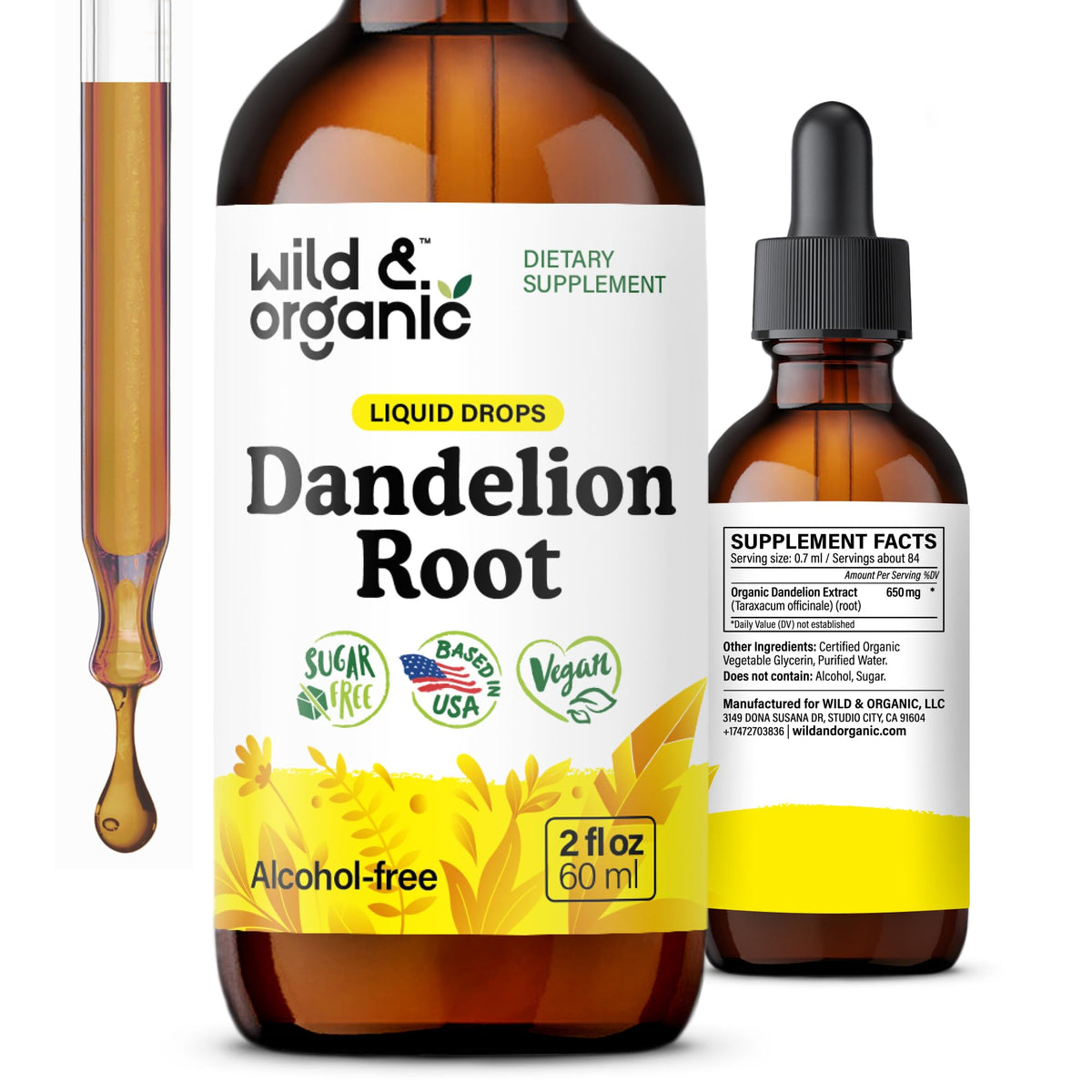 Wild & Organic frasco frontal mostrando etiqueta clara y formato práctico