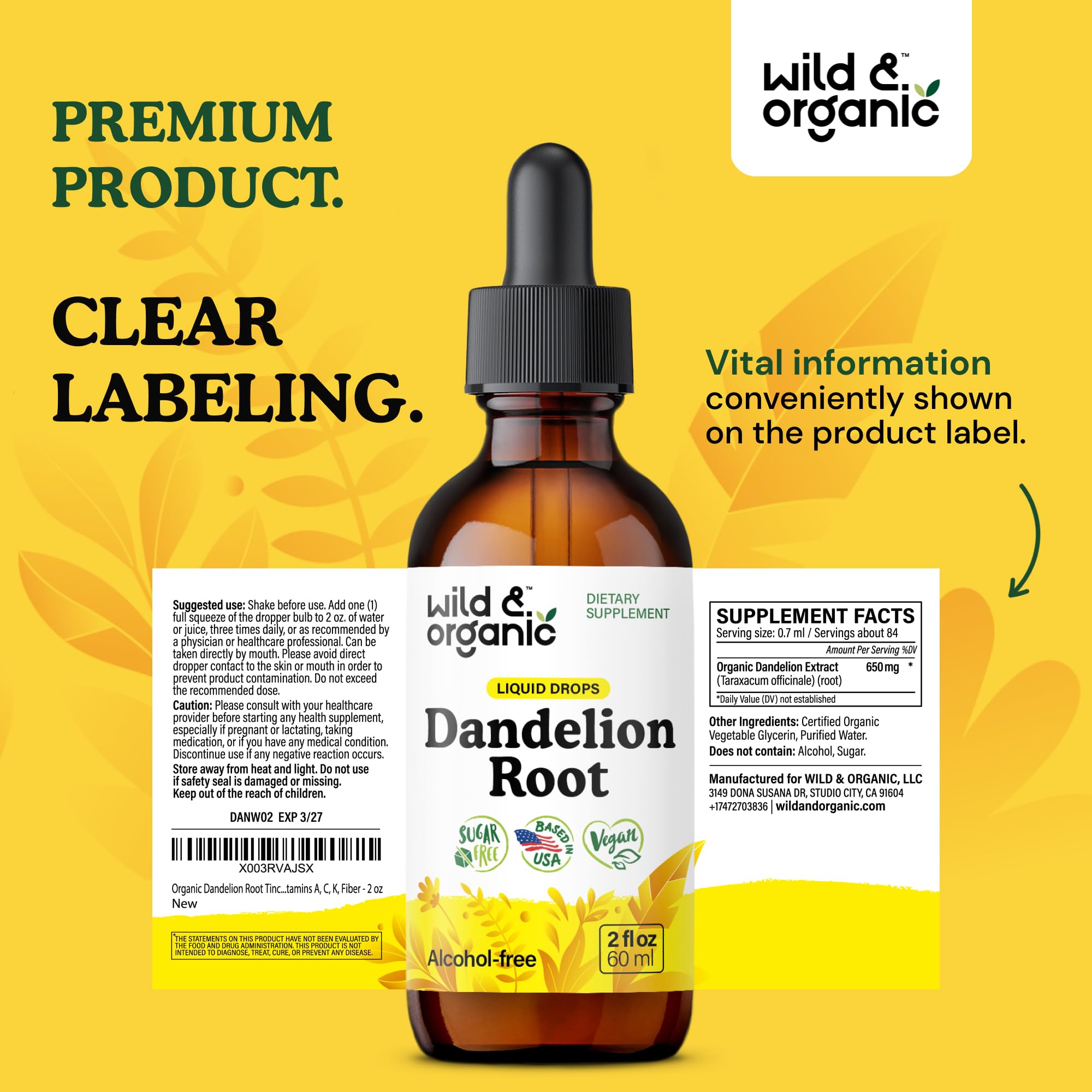 Wild & Organic raíz de diente de león cruda como ingrediente natural