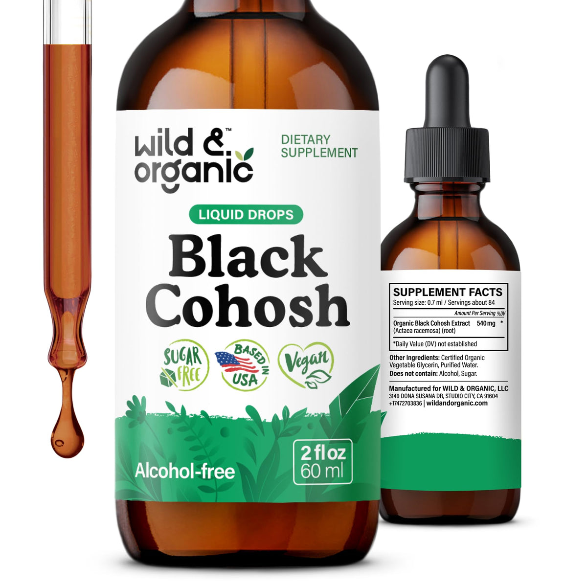 Wild & Organic frasco frontal mostrando etiqueta y beneficio vegano
