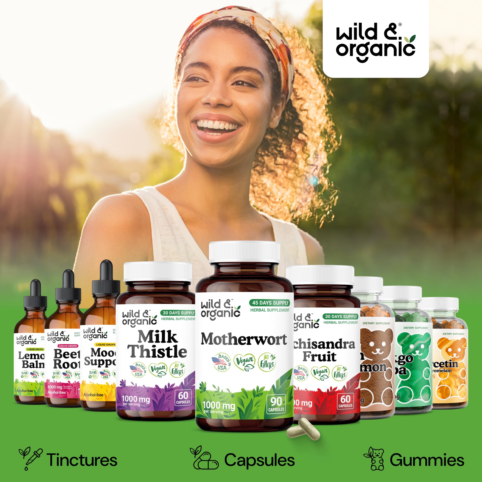 Wild & Organic frasco abierto con cápsulas dispuestas, ideal para dosis diarias