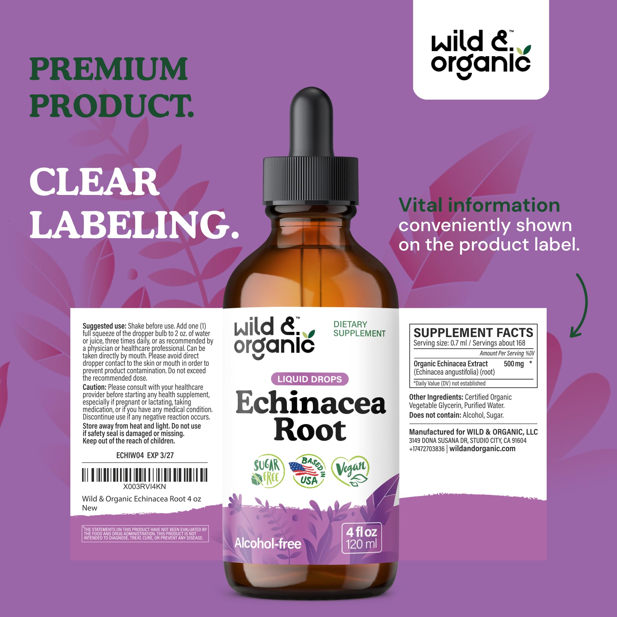 Wild & Organic etiqueta nutricional legible y especificaciones claras