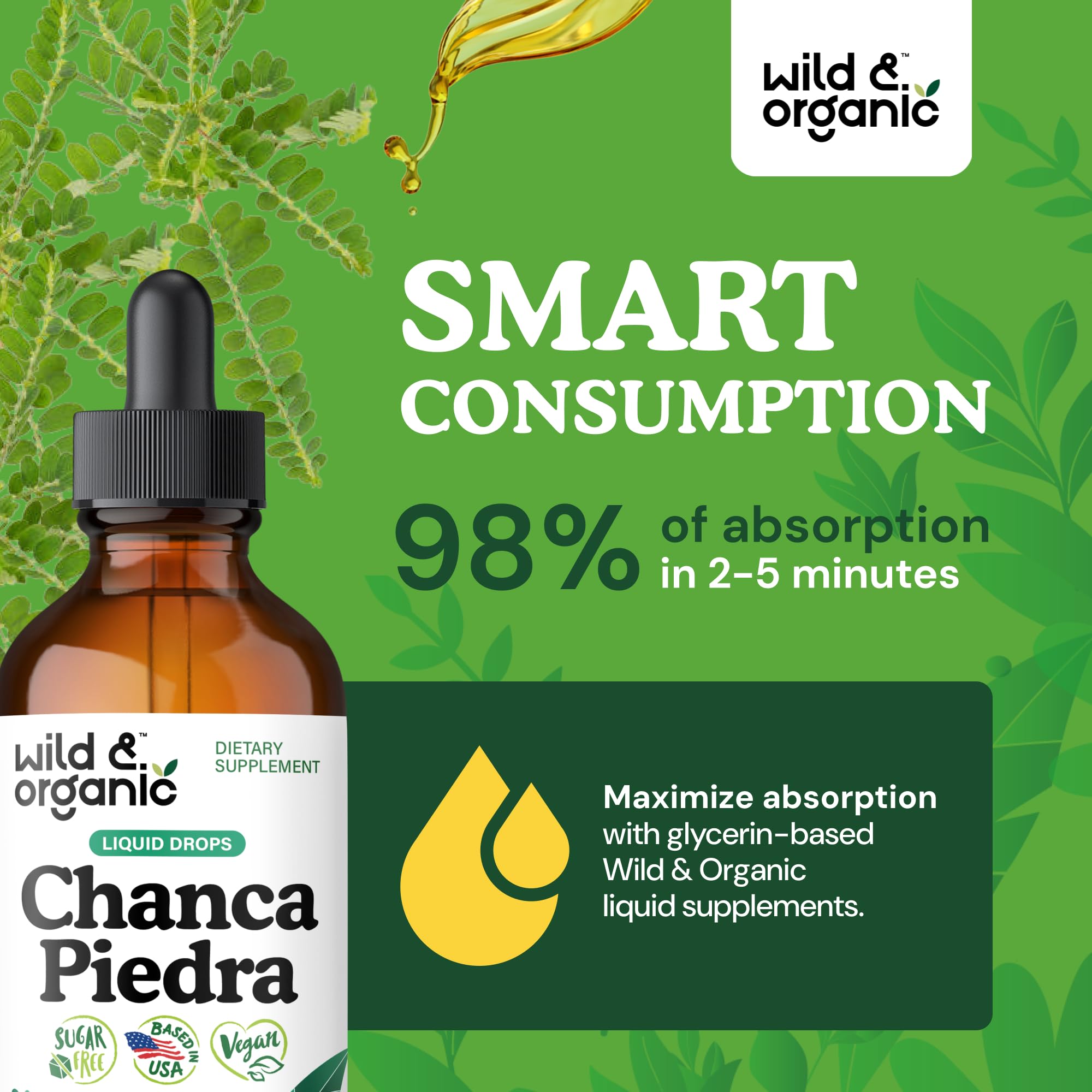 Wild & Organic botella vertida en taza de té para uso mezclado y absorción rápida