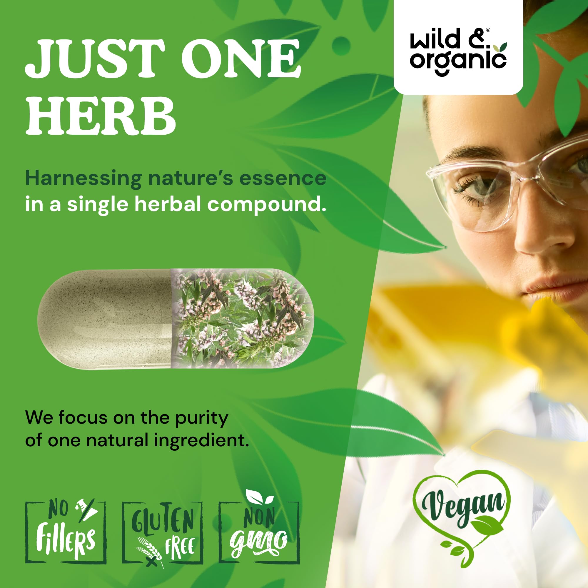 Wild & Organic cápsula abierta revelando el contenido vegetal fácil de absorber
