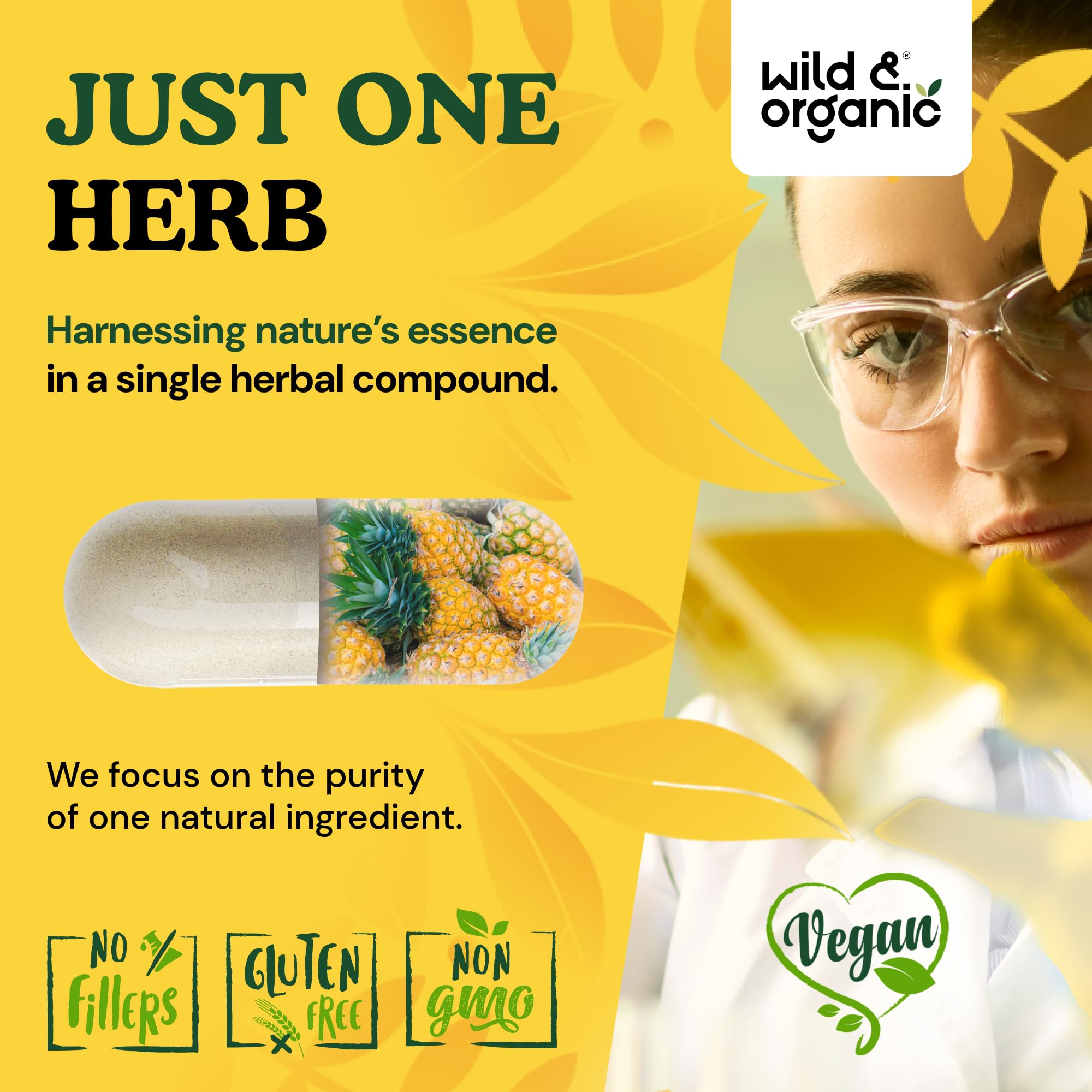 Wild & Organic cápsulas sobre fondo con rodaja de piña resaltando origen
