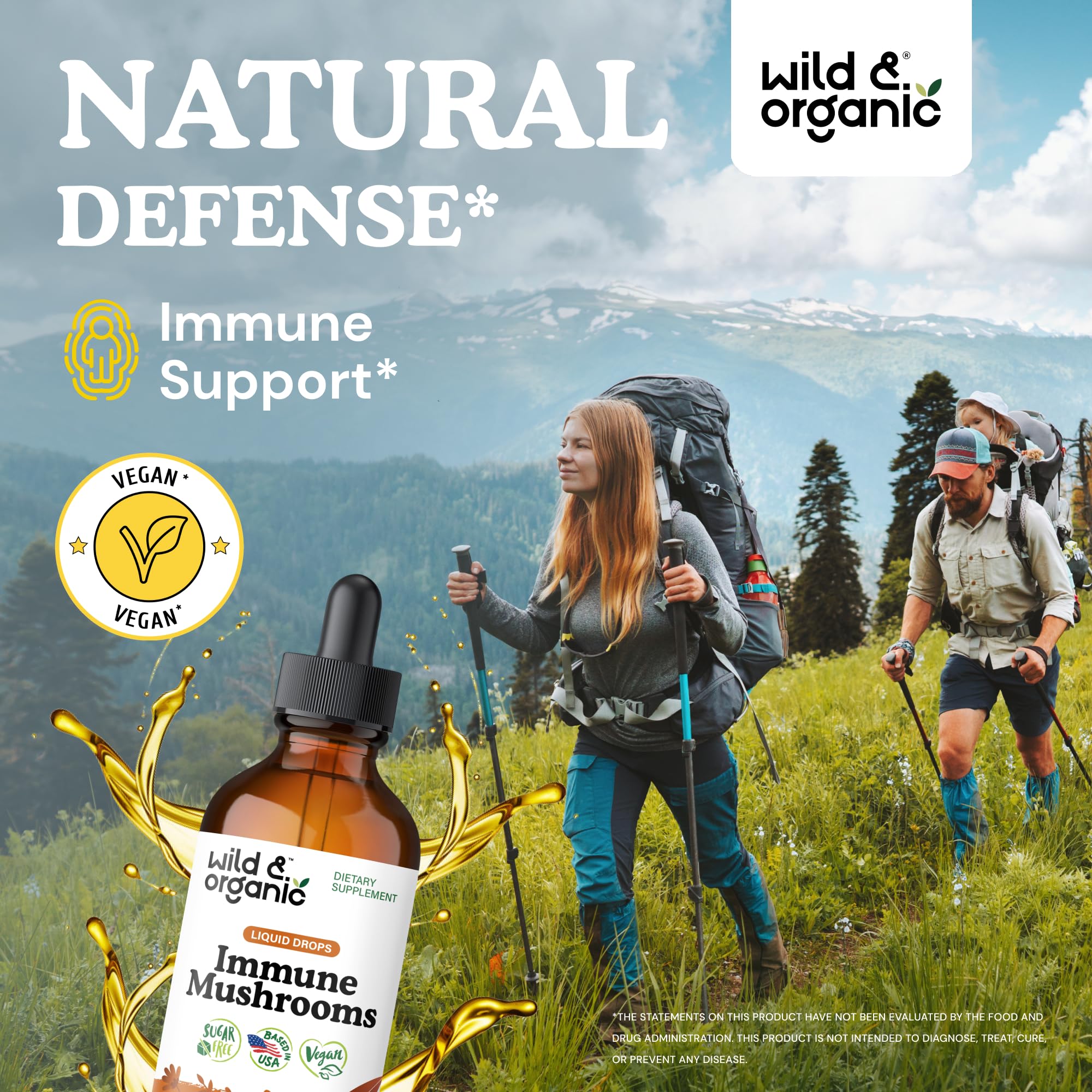 Wild & Organic etiqueta con lista de hongos y dosis, facilita elección informada