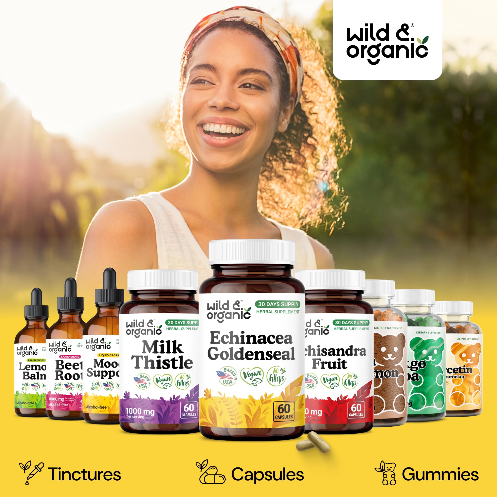 Wild & Organic cápsulas junto a regla para comparación de tamaño y escala