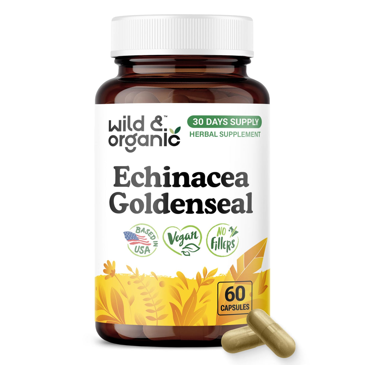 Wild & Organic frasco de Echinacea Goldenseal mostrando presentación y cantidad