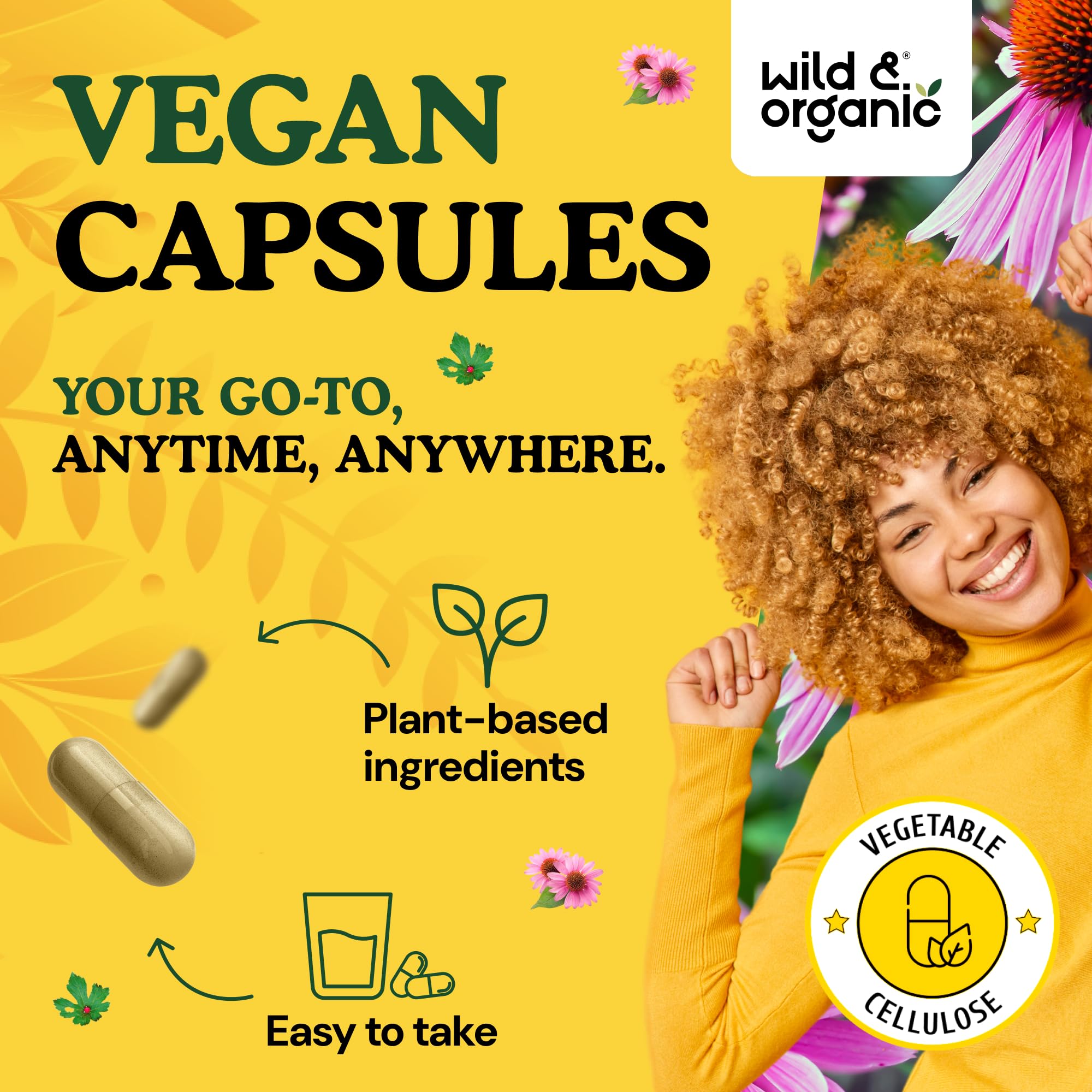 Wild & Organic persona sosteniendo cápsula, ilustra facilidad de uso diario
