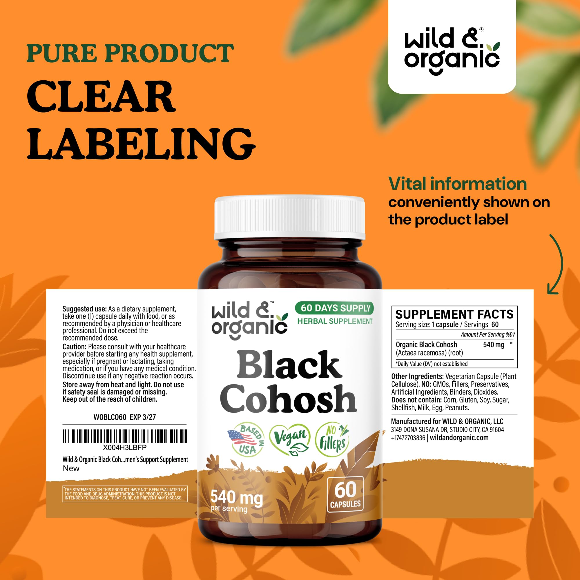 Wild & Organic empaque lateral mostrando lista de ingredientes