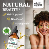 Wild & Organic etiqueta en primer plano con ingredientes y dosificación legible para confianza