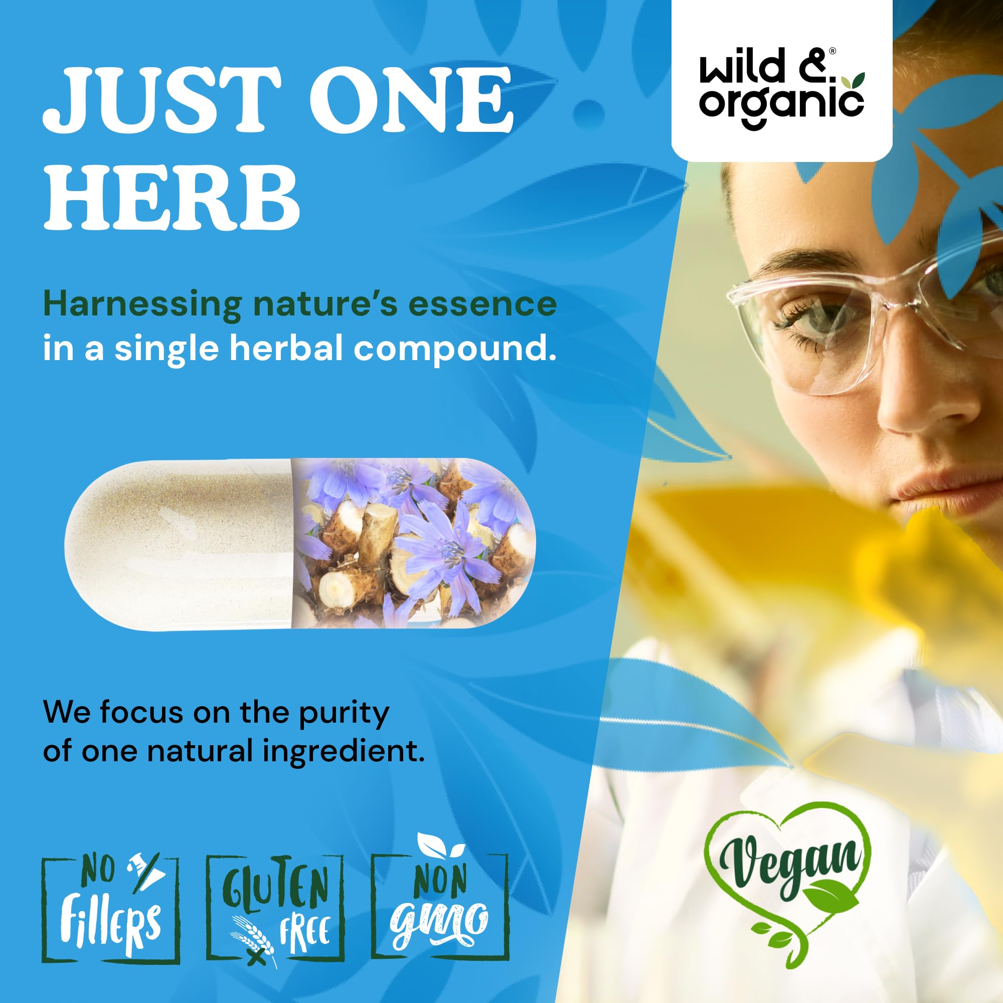 Wild & Organic etiqueta con ingredientes y dosis claras y legibles