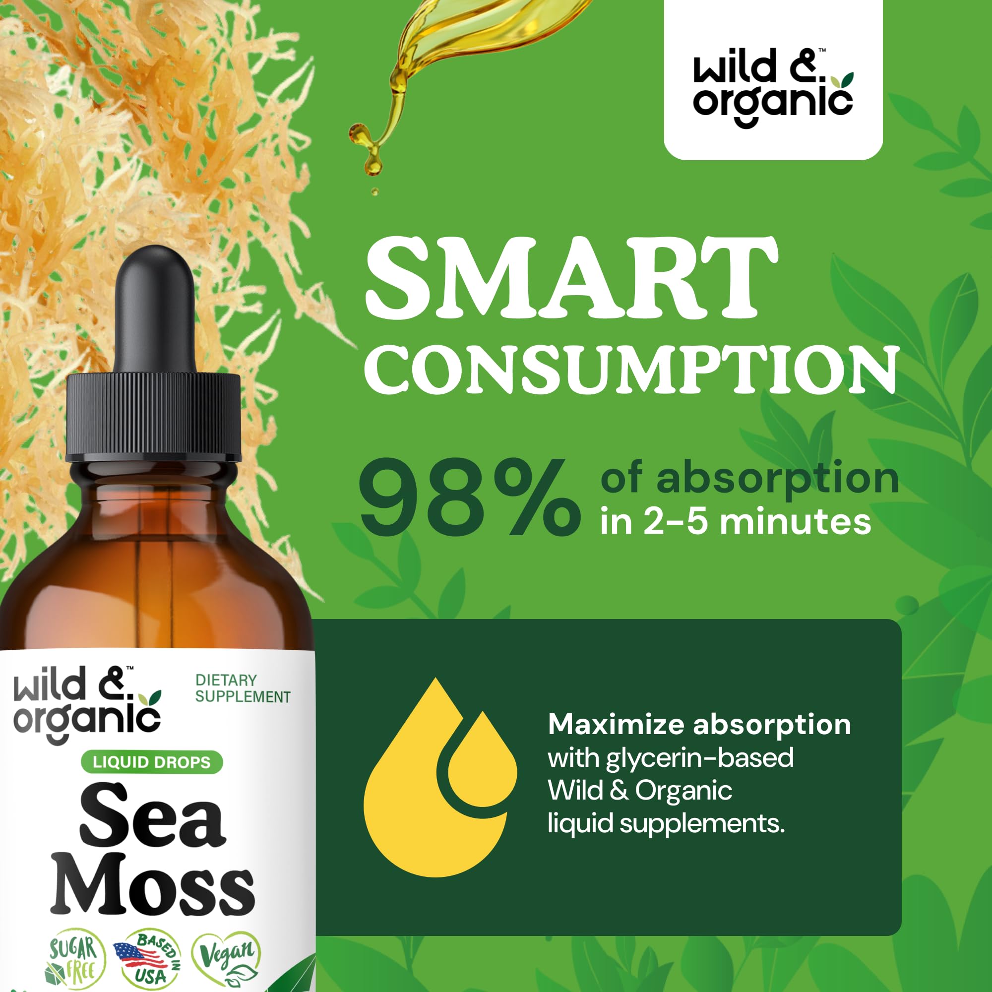 Wild & Organic etiqueta clara con listado de Irish seamoss y bladderwrack