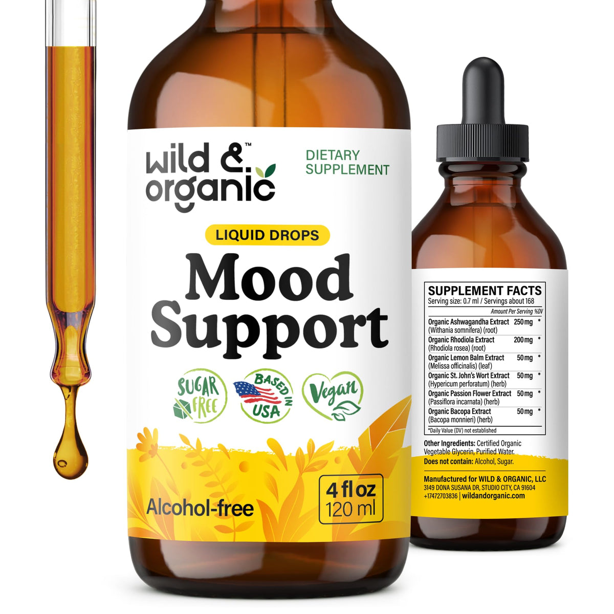 Wild & Organic frasco frente mostrando la etiqueta y volumen, fácil identificación