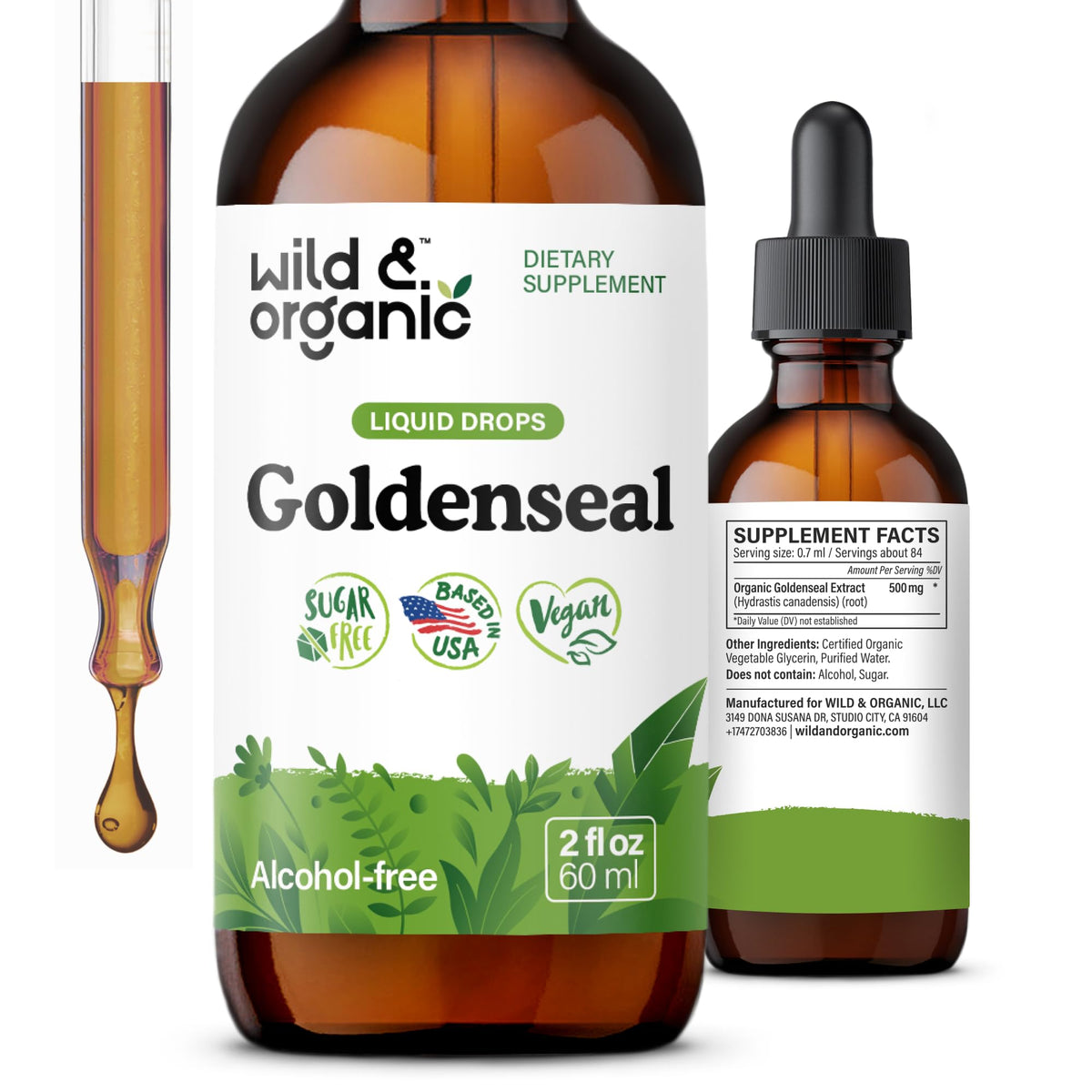 Wild & Organic frasco frontal mostrando el envase y beneficios veganos