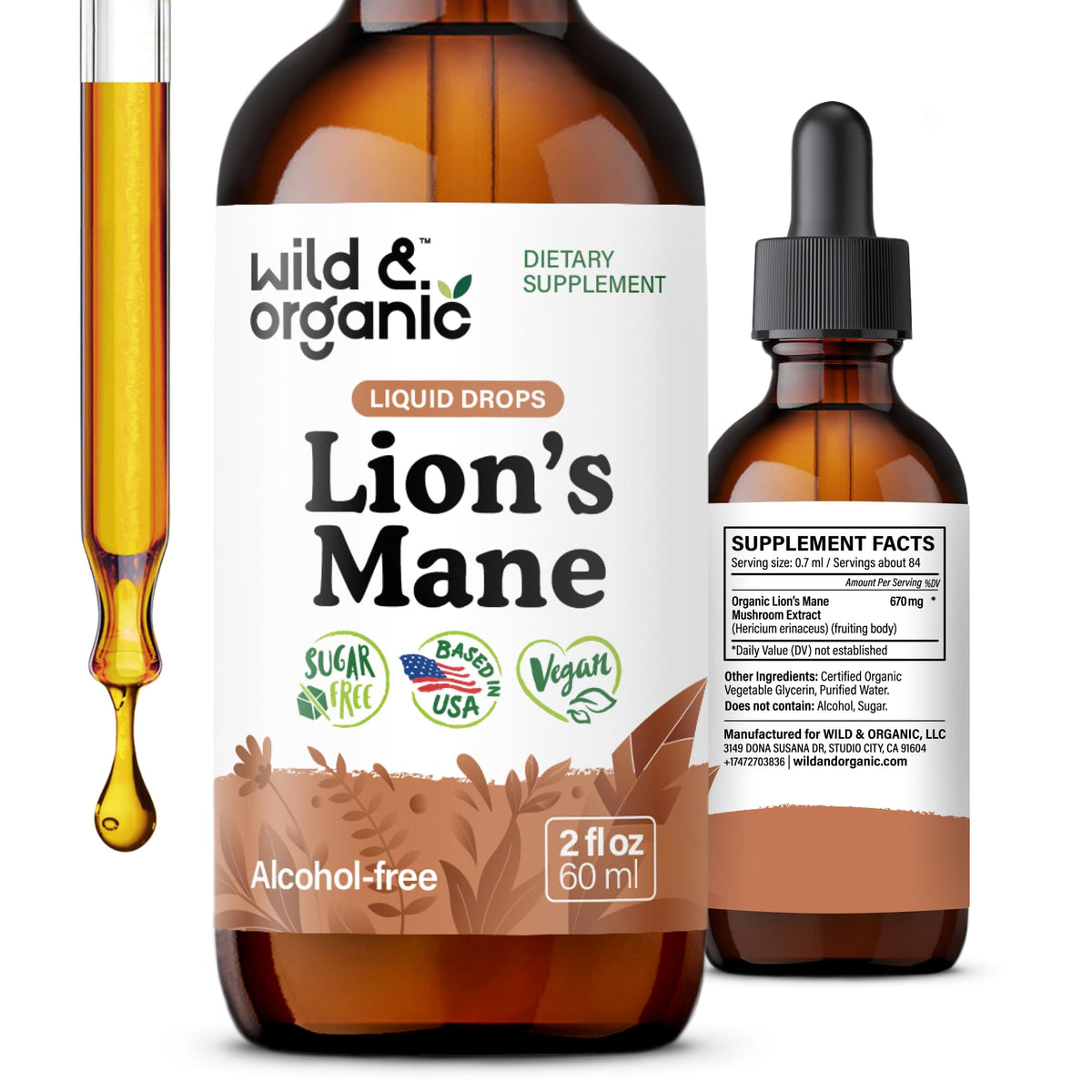 Wild & Organic frasco frontal mostrando etiqueta clara y beneficios