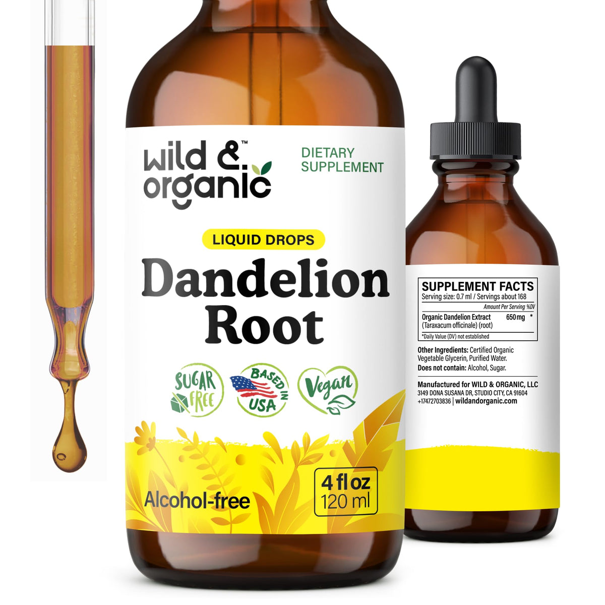 Wild & Organic frasco frontal mostrando etiqueta clara y tamaño 4 fl oz, facilita elección