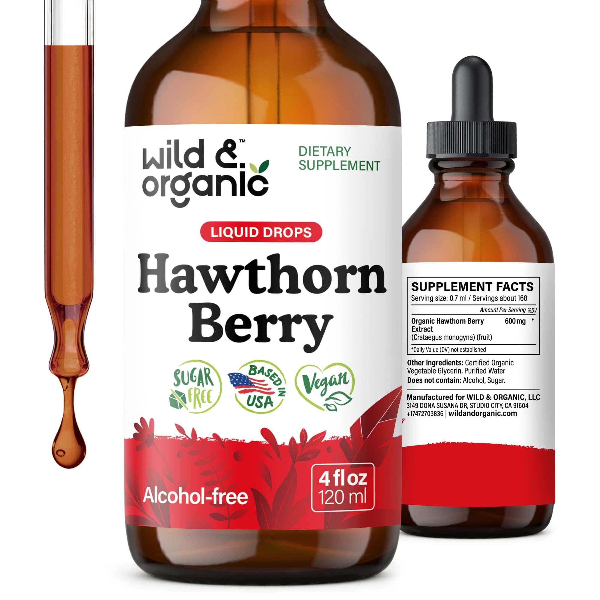Wild & Organic frasco frontal mostrando etiqueta clara y tamaño 4 fl oz