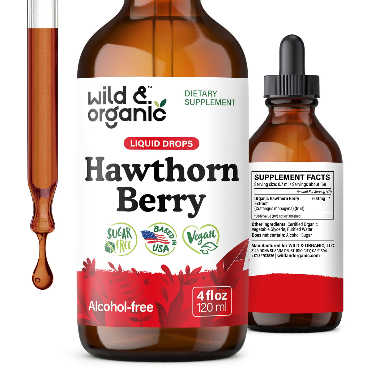 Wild & Organic frasco frontal mostrando etiqueta clara y tamaño 4 fl oz