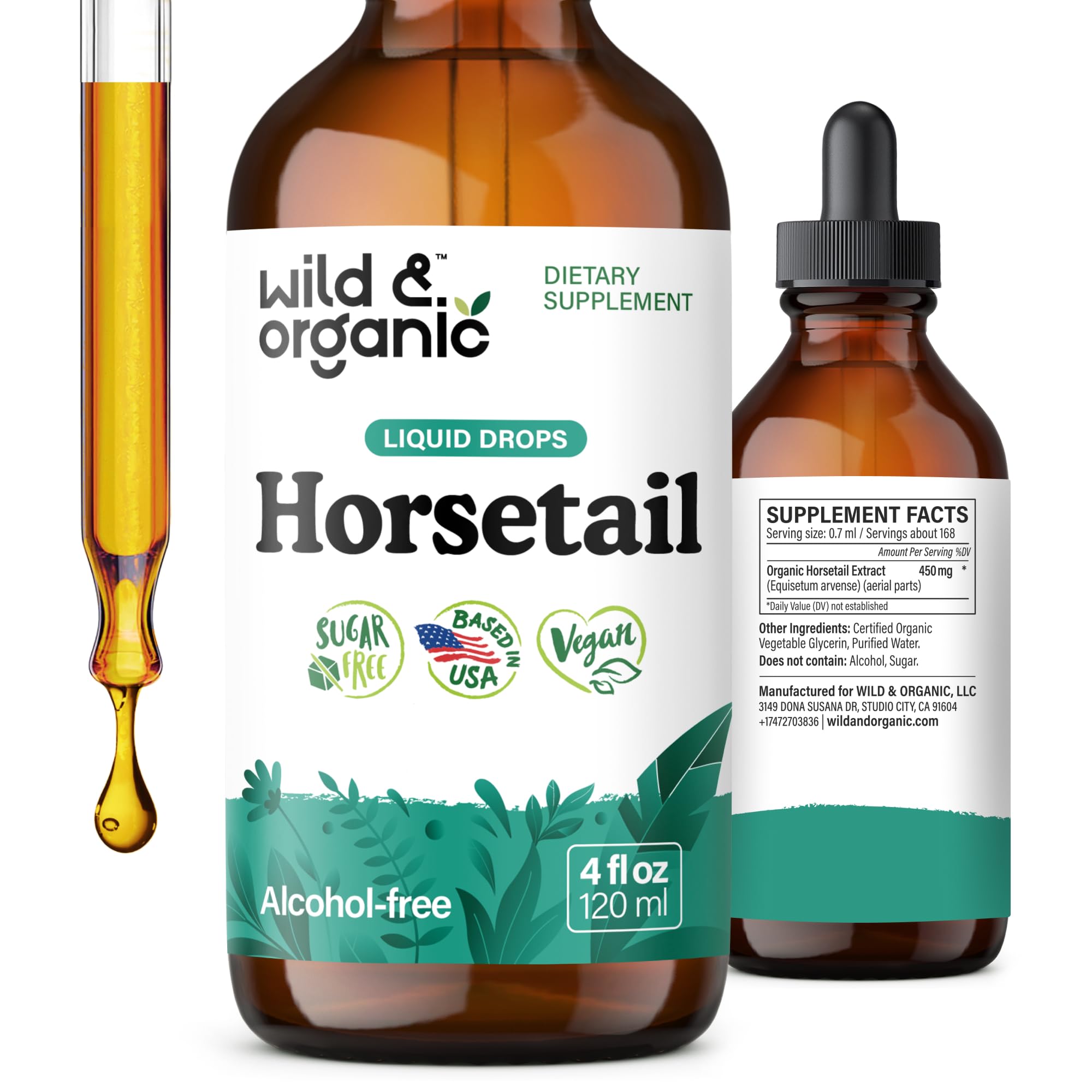 Wild & Organic frasco frontal mostrando etiqueta clara y tamaño 4 fl oz, beneficios visuales