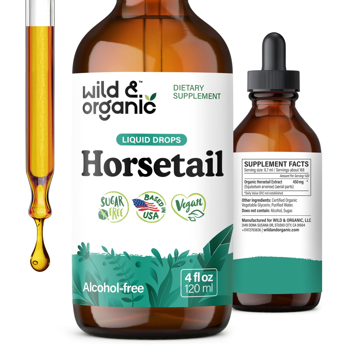 Wild & Organic frasco frontal mostrando etiqueta clara y tamaño 4 fl oz, beneficios visuales