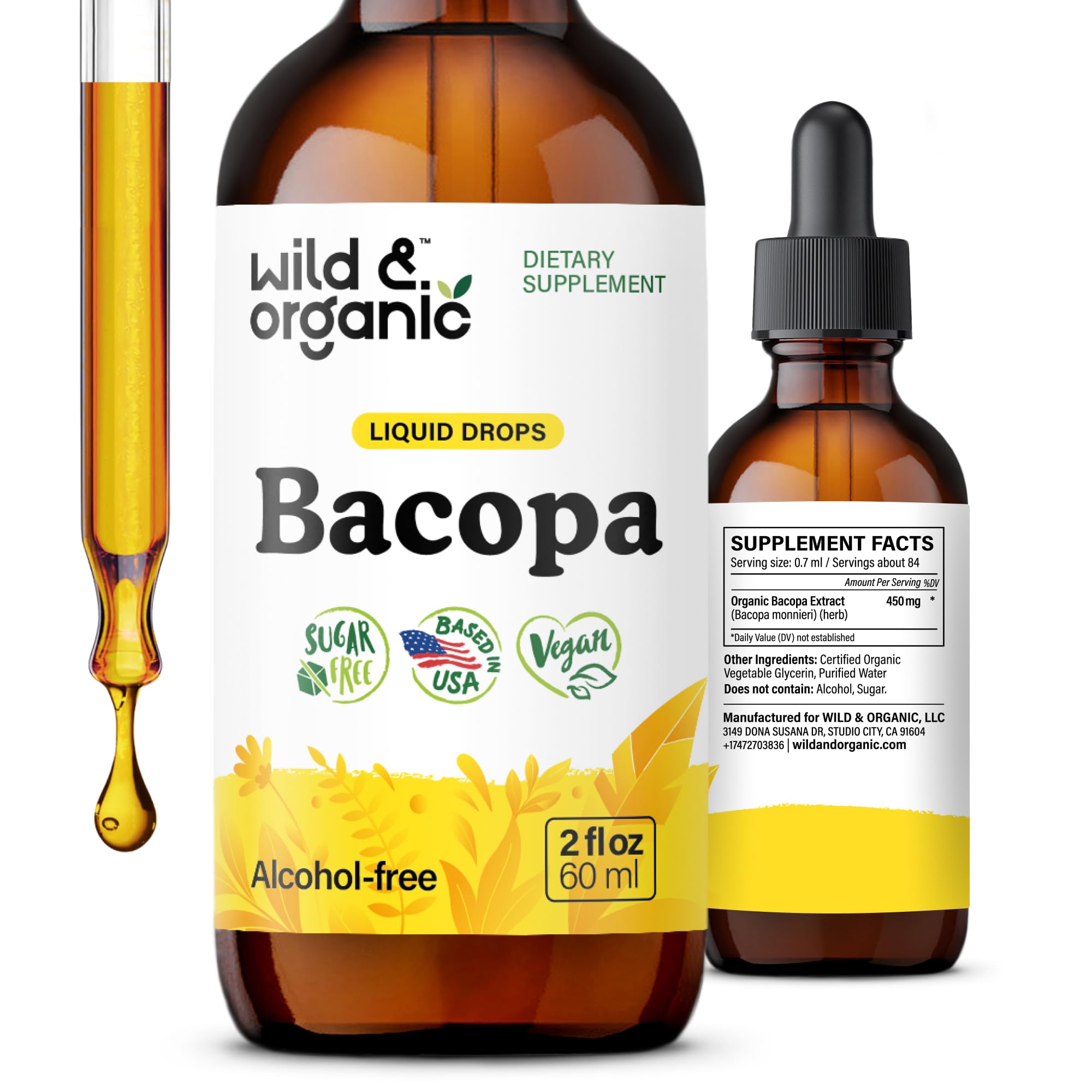 Wild & Organic frasco frontal mostrando concentrado de bacopa, fácil identificación