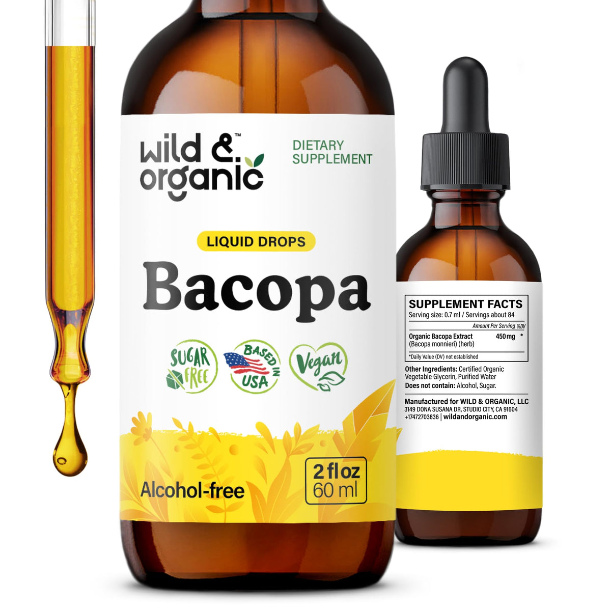 Wild & Organic frasco frontal mostrando concentrado de bacopa, fácil identificación