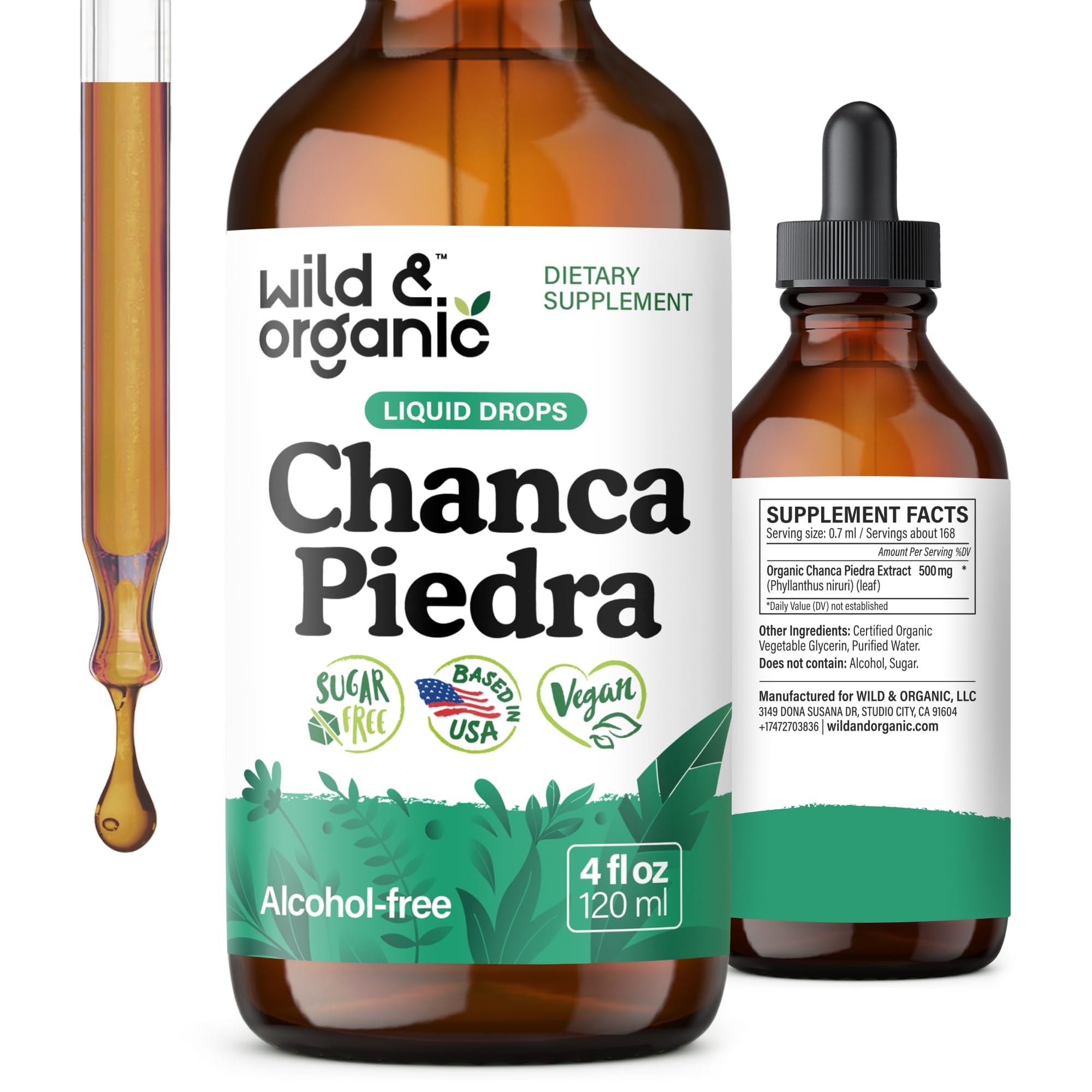 Wild & Organic botella frente mostrando etiqueta y beneficio de apoyo renal