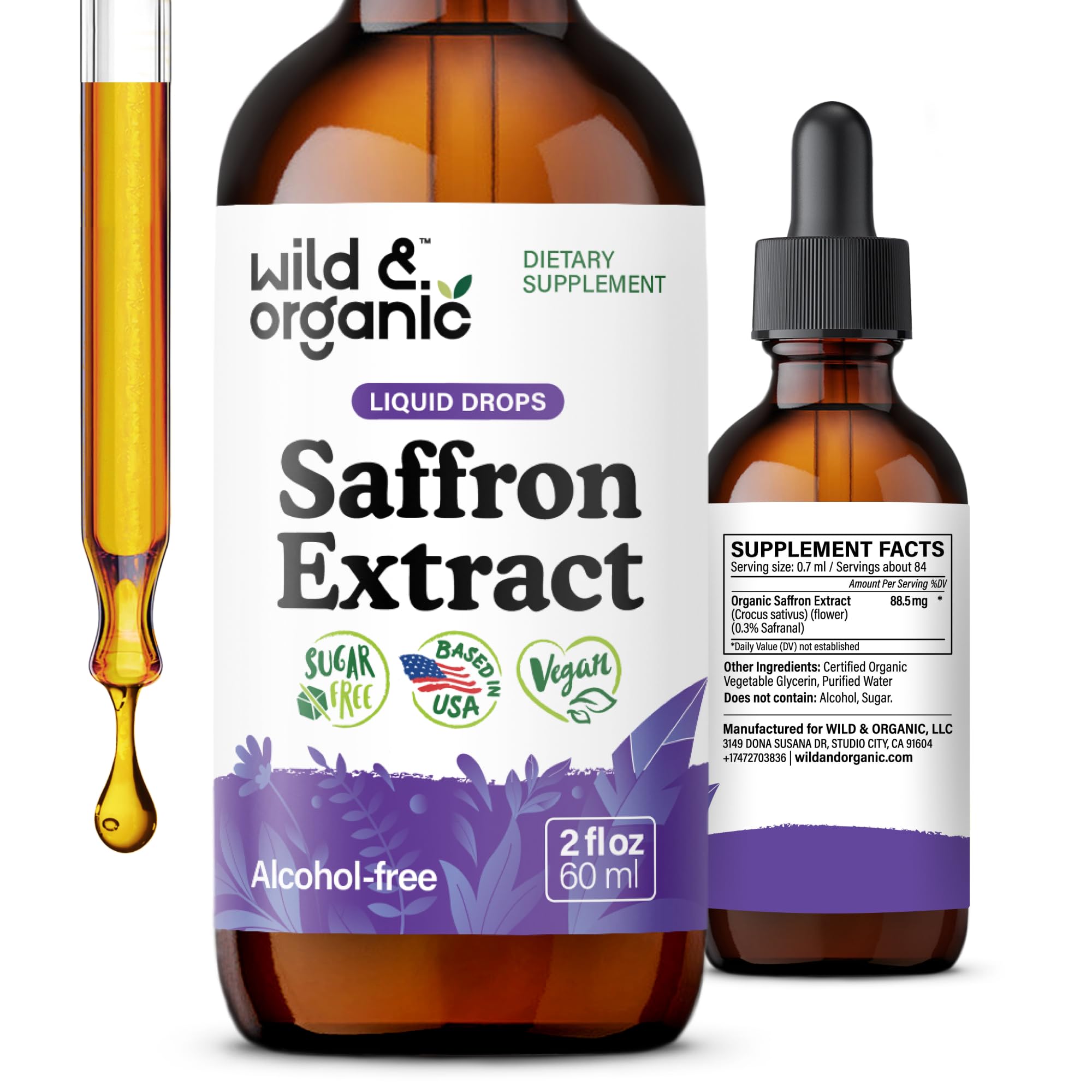 Wild & Organic frente del empaque mostrando frasco y beneficios veganos