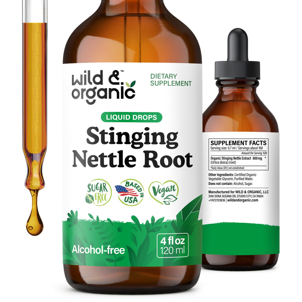 Wild & Organic frente del paquete mostrando botella y beneficios