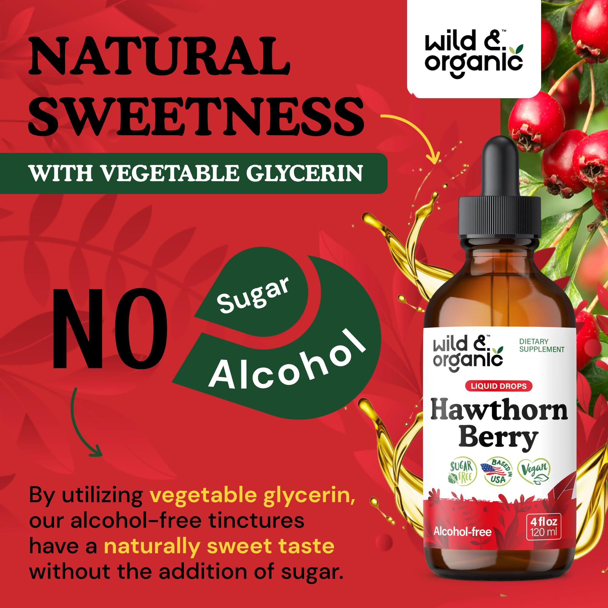 Bayas de hawthorn y Wild & Organic destacando extracto natural concentrado