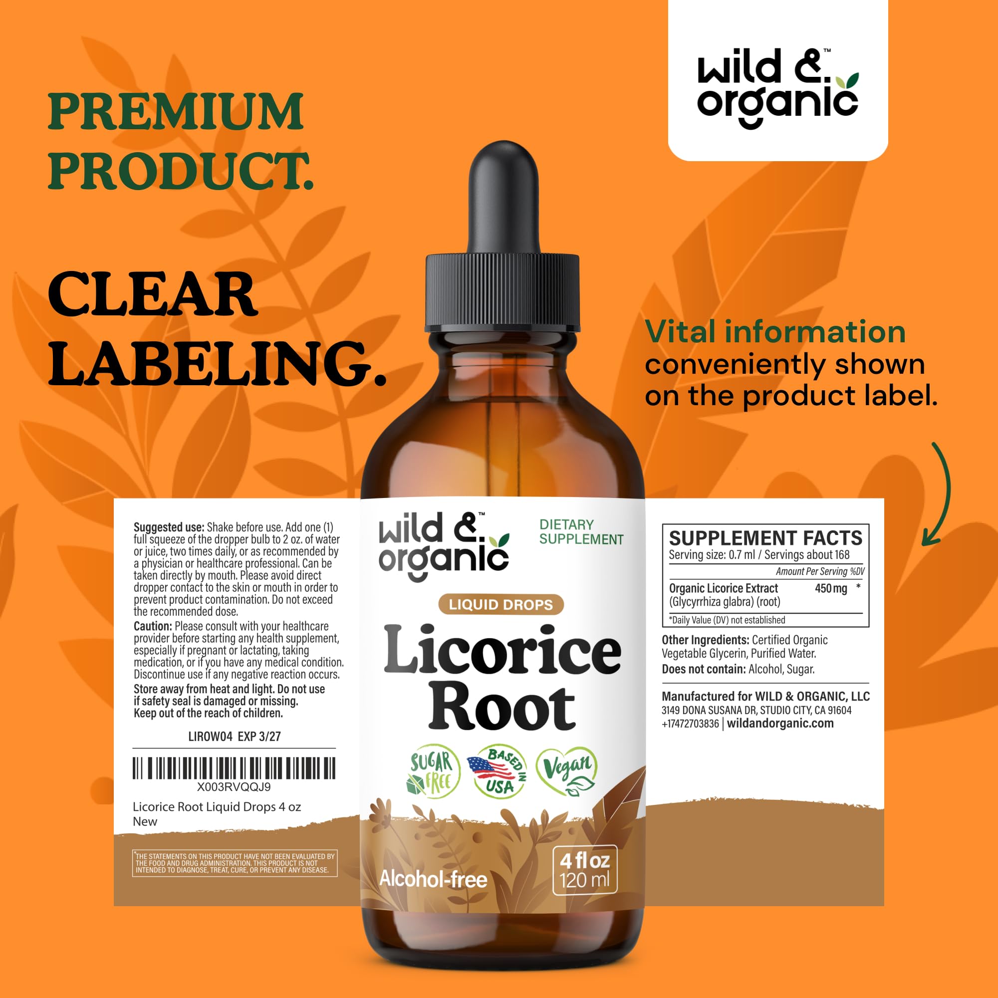 Wild & Organic packaging lateral con detalles de ingredientes y duración