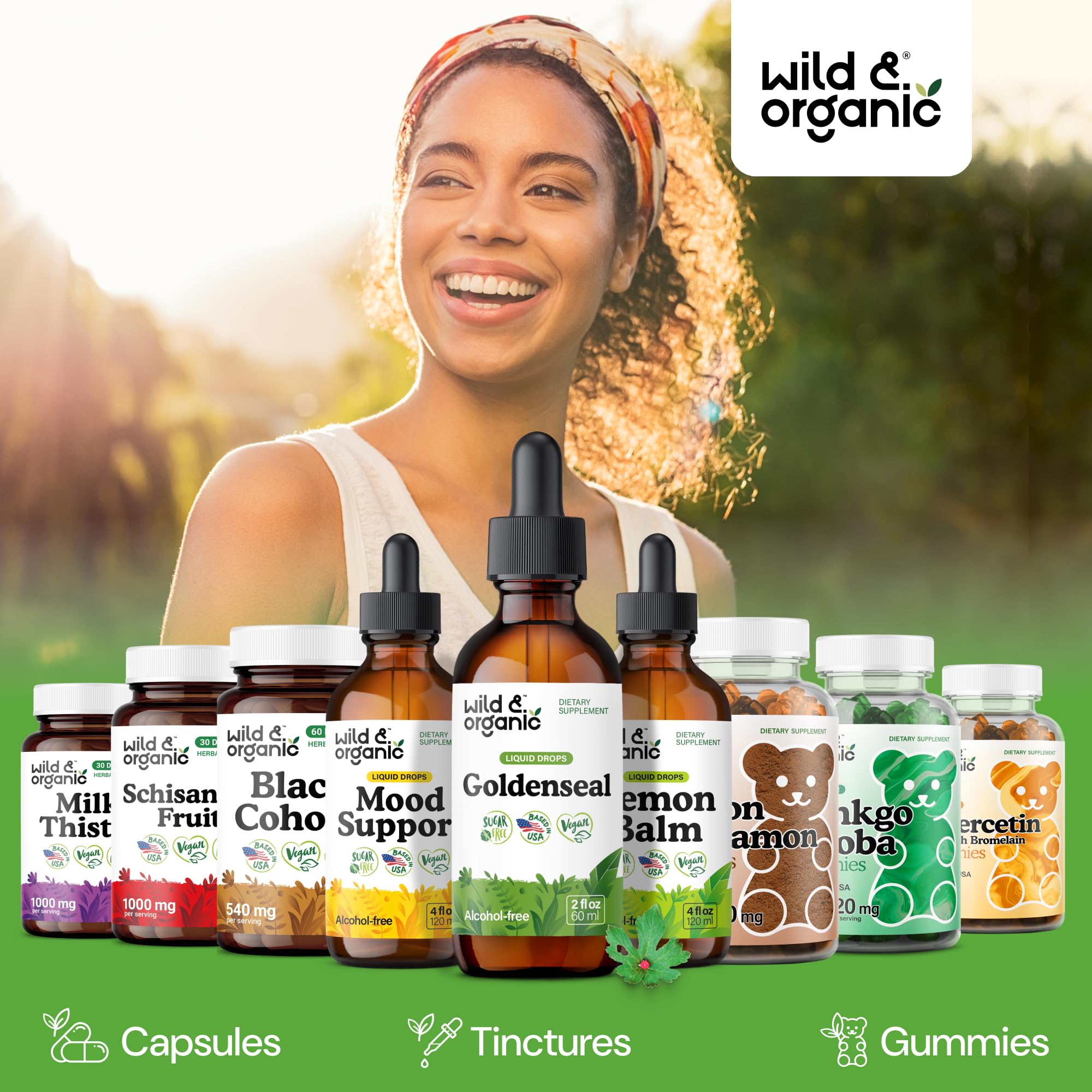 Wild & Organic frasco junto a objeto para comparar tamaño y portabilidad