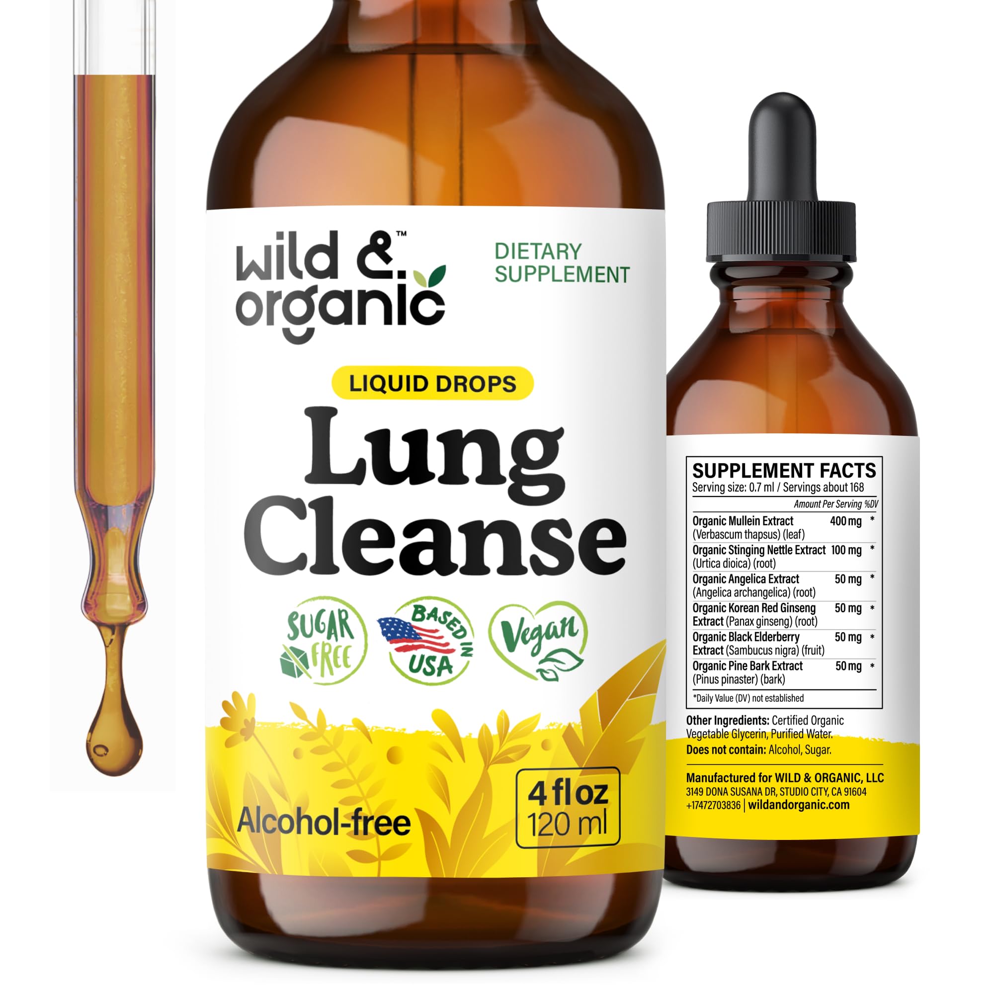 Wild & Organic frasco frontal mostrando la etiqueta y volumen 4 fl oz, práctico