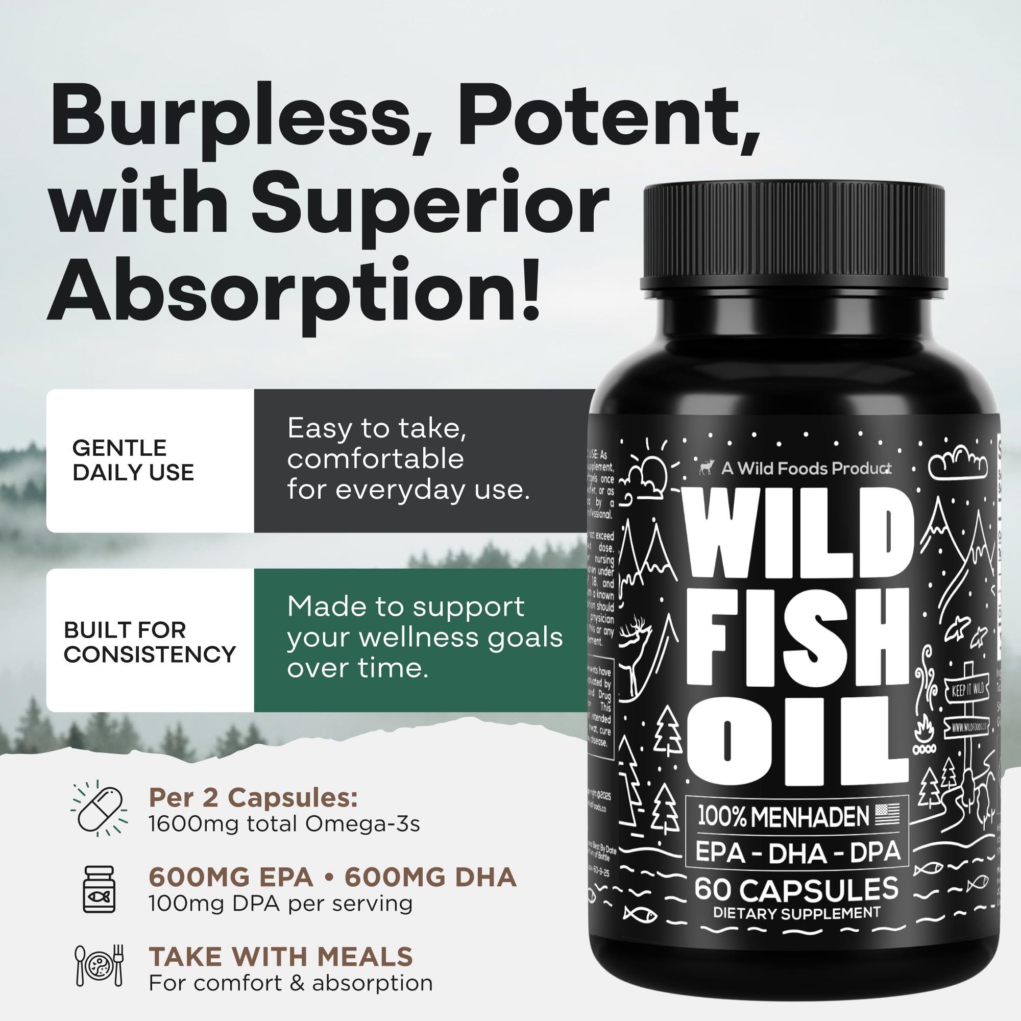 Wild Foods cápsula en primer plano que muestra recubrimiento liso y sin olor