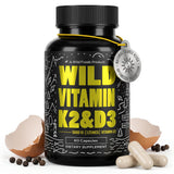 Wild Foods frente del envase mostrando la fórmula D3 y K2 y claridad de ingredientes