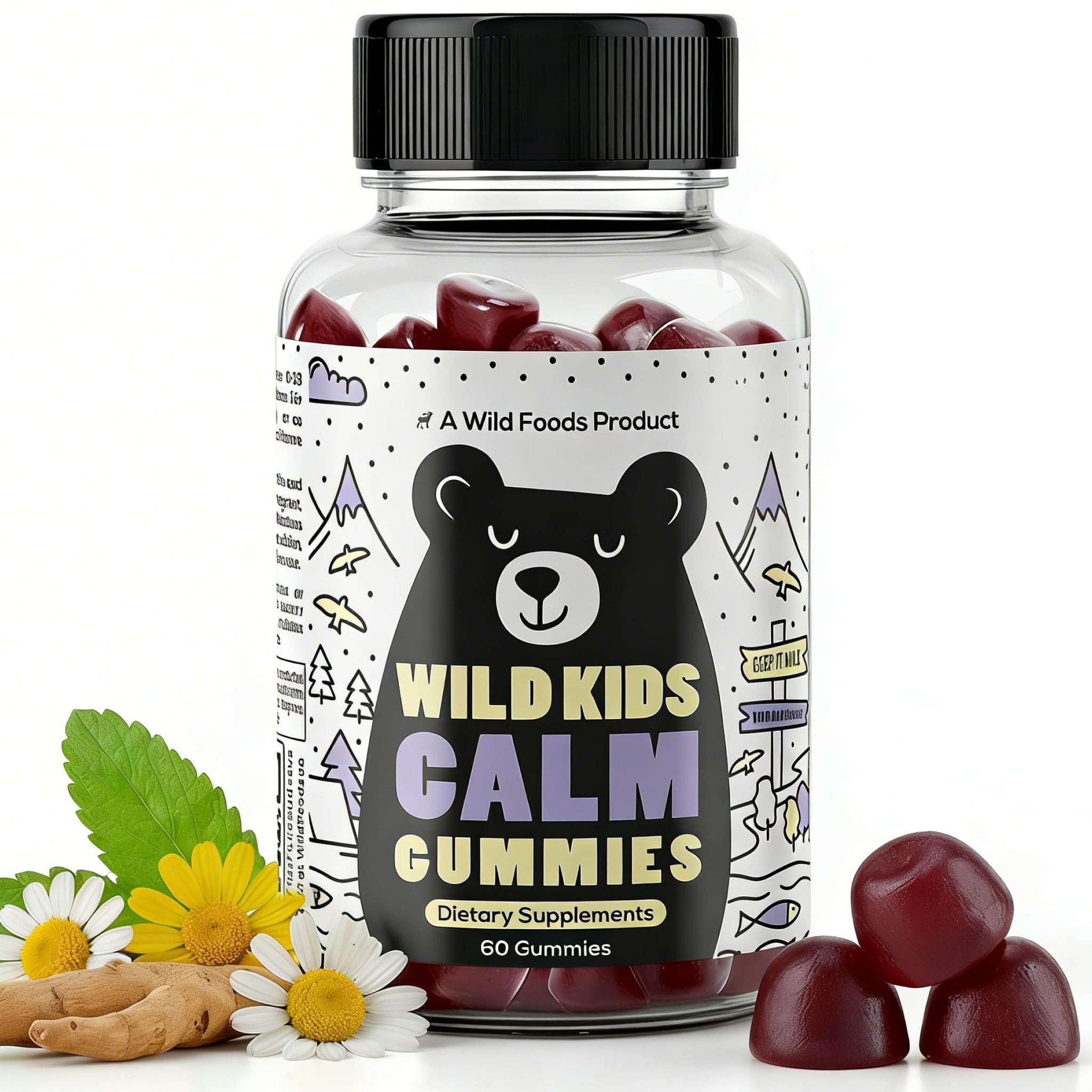 Wild Foods empaque frontal mostrando gominolas calmantes y beneficios