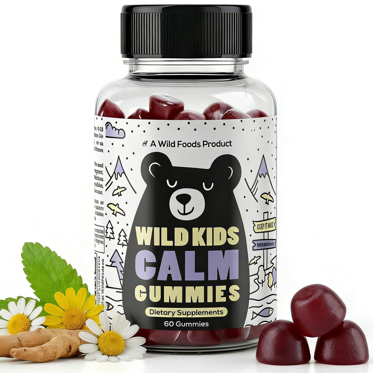 Wild Foods empaque frontal mostrando gominolas calmantes y beneficios