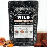Wild Foods empaque frontal mostrando cacao y hongos, beneficio: confianza orgánica