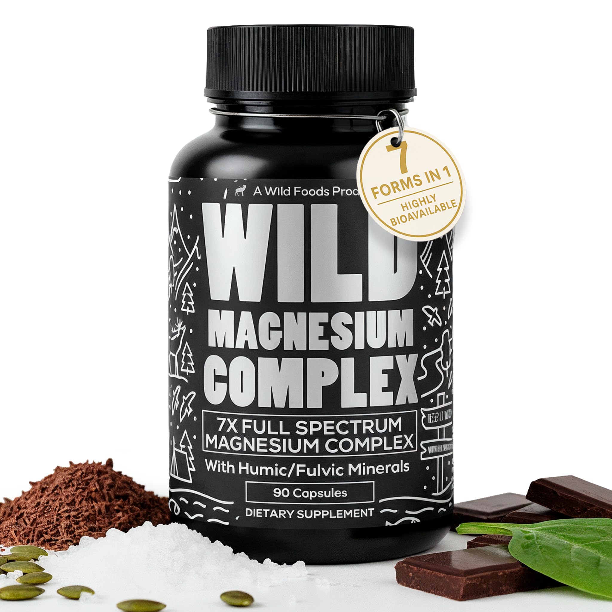 Wild Foods envase frontal muestra fórmula de 7 magnesios y beneficios de absorción
