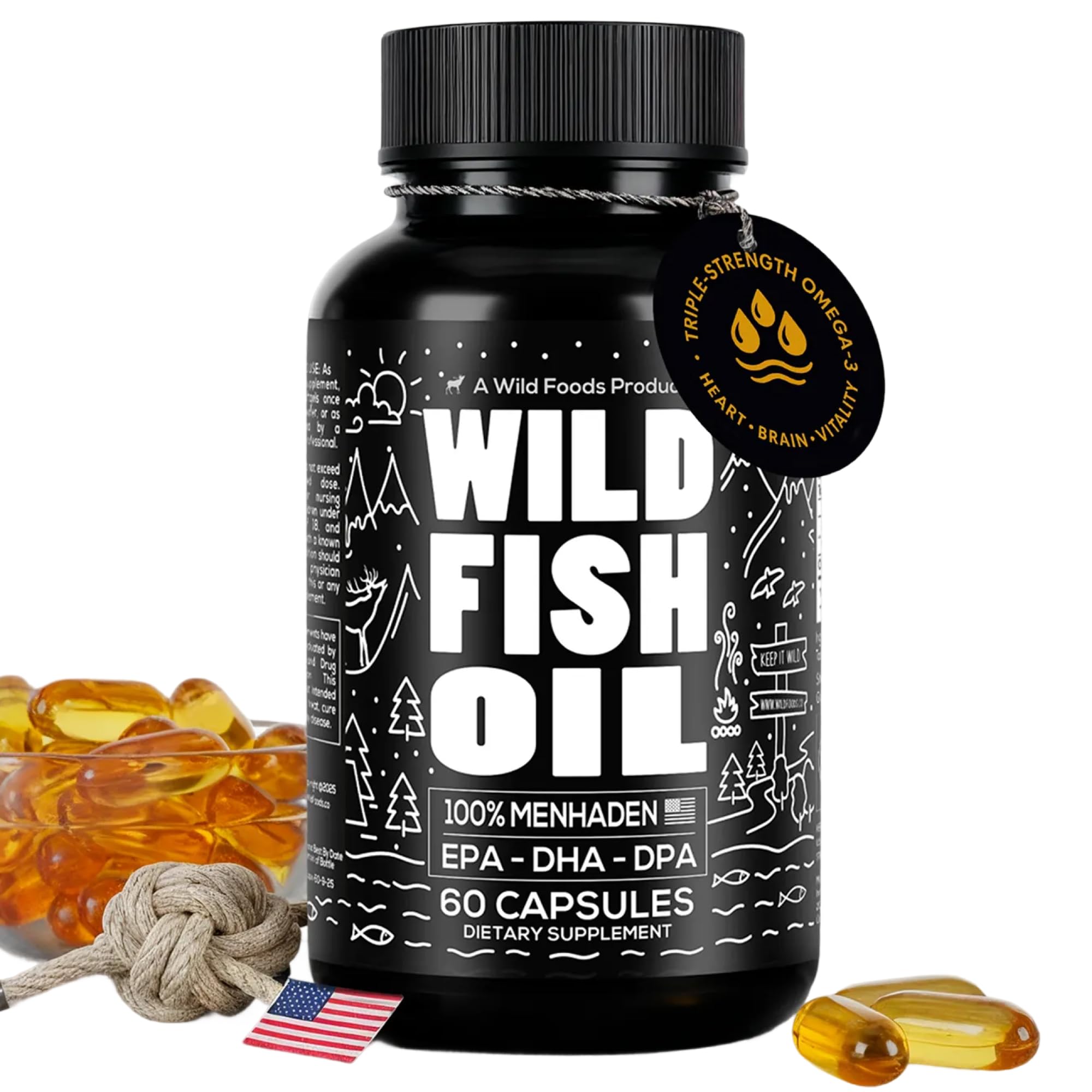 Wild Foods frontal del envase mostrando 60 cápsulas y beneficios claros