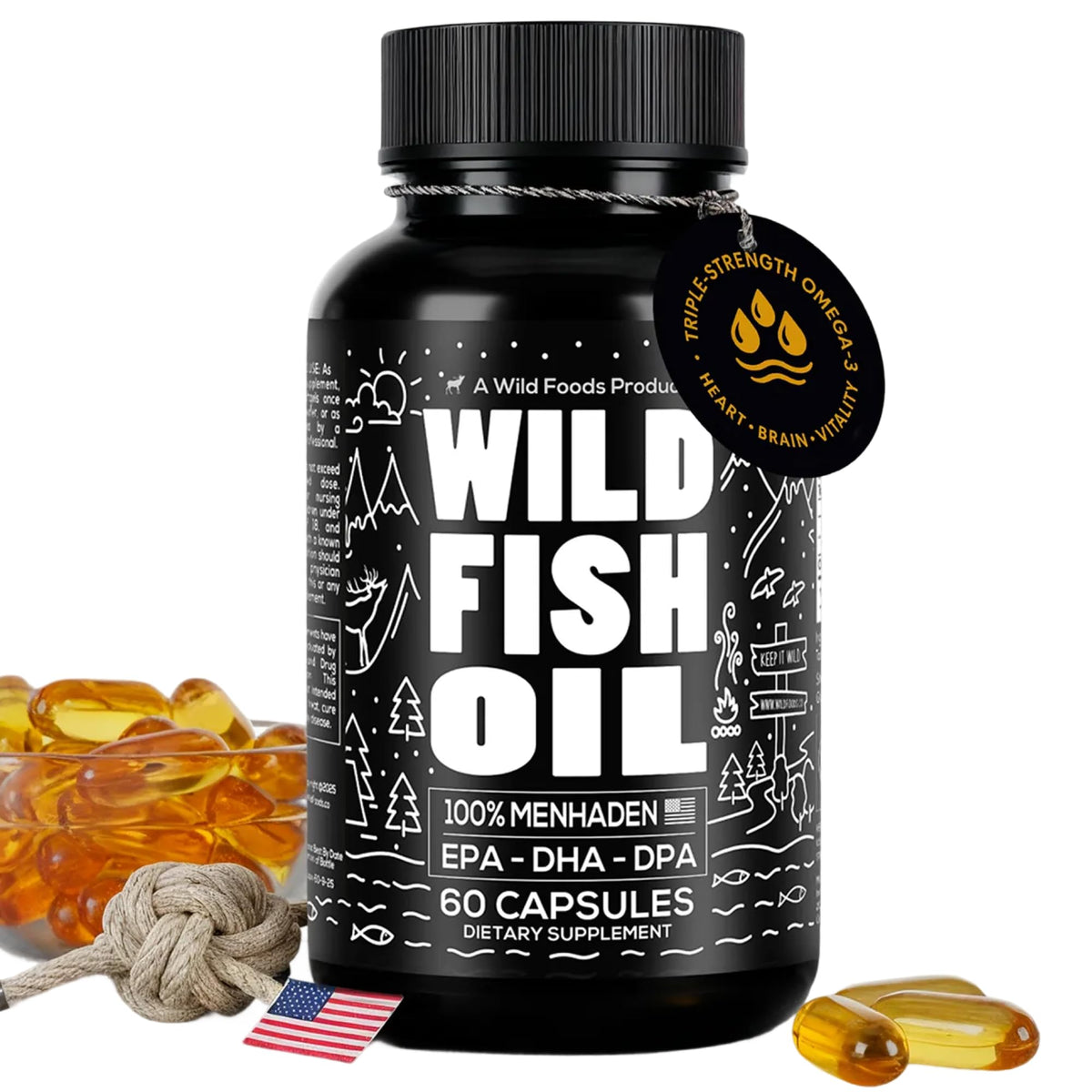 Wild Foods frontal del envase mostrando 60 cápsulas y beneficios claros